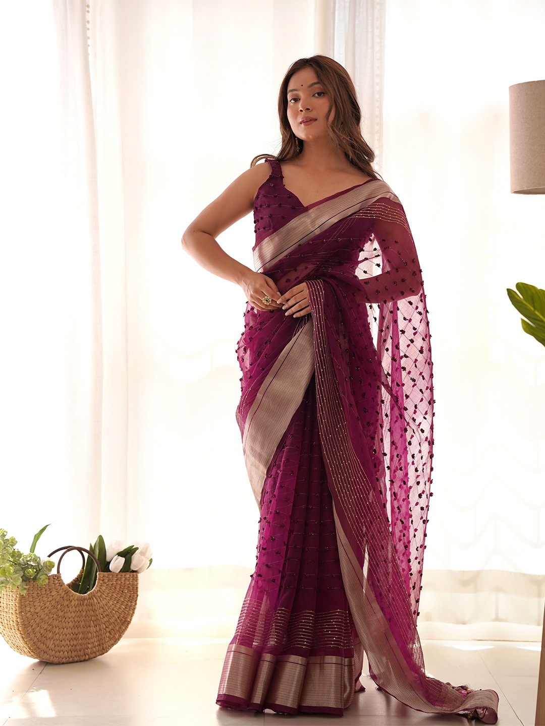 

QVAZOR Ethnic Motifs Sequinned Organza Saree, Magenta
