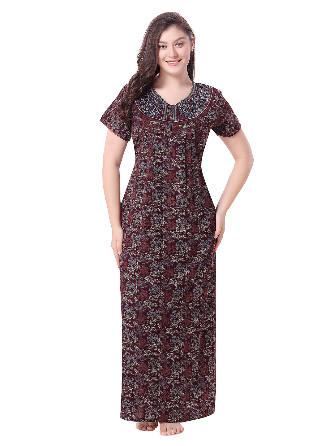 

Soulemo V Neck Short Sleeves Printed Maxi Nightdress, Maroon
