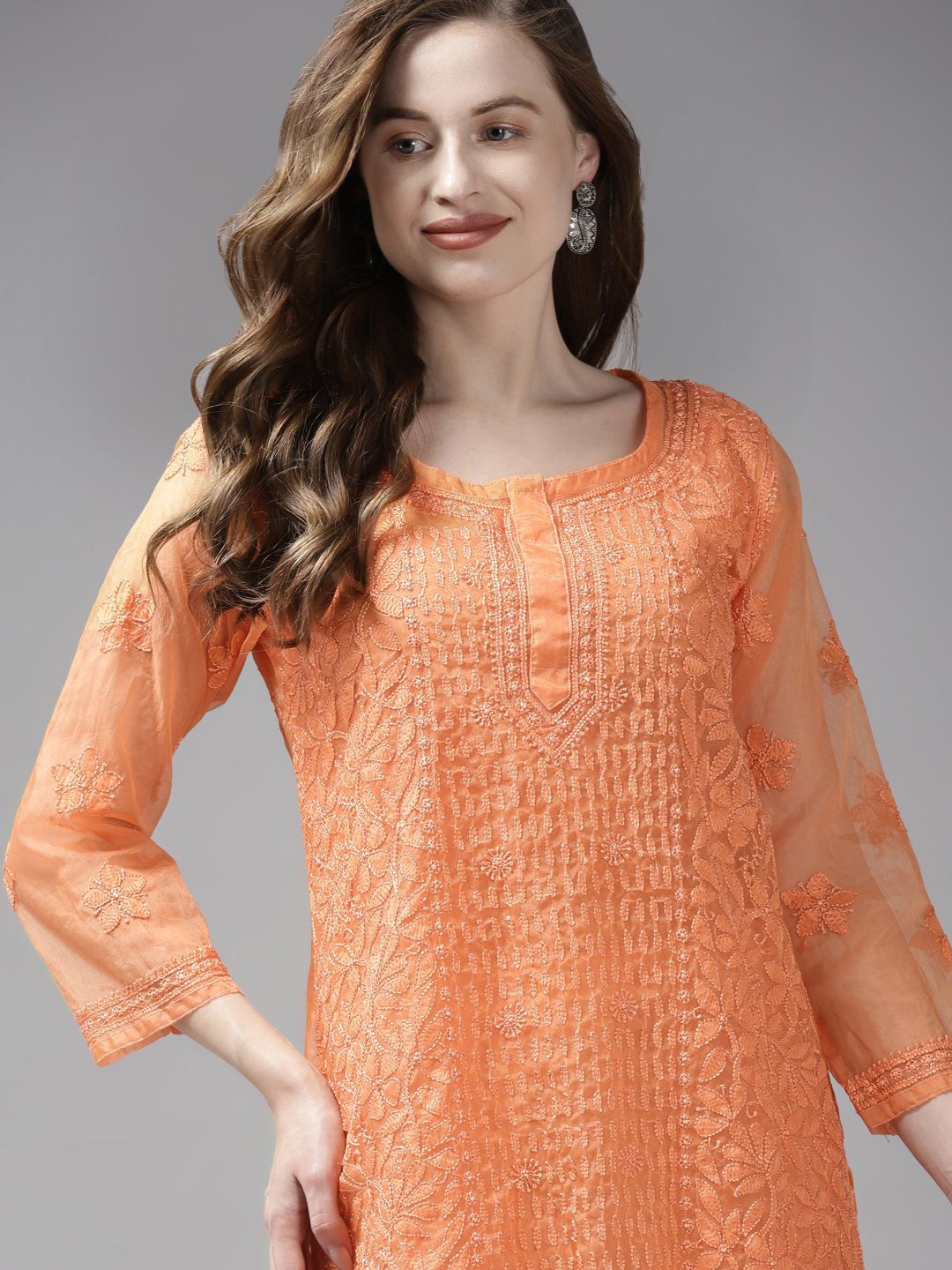 

ADA Floral Embroidered Thread Work Thread Work Kurti, Orange