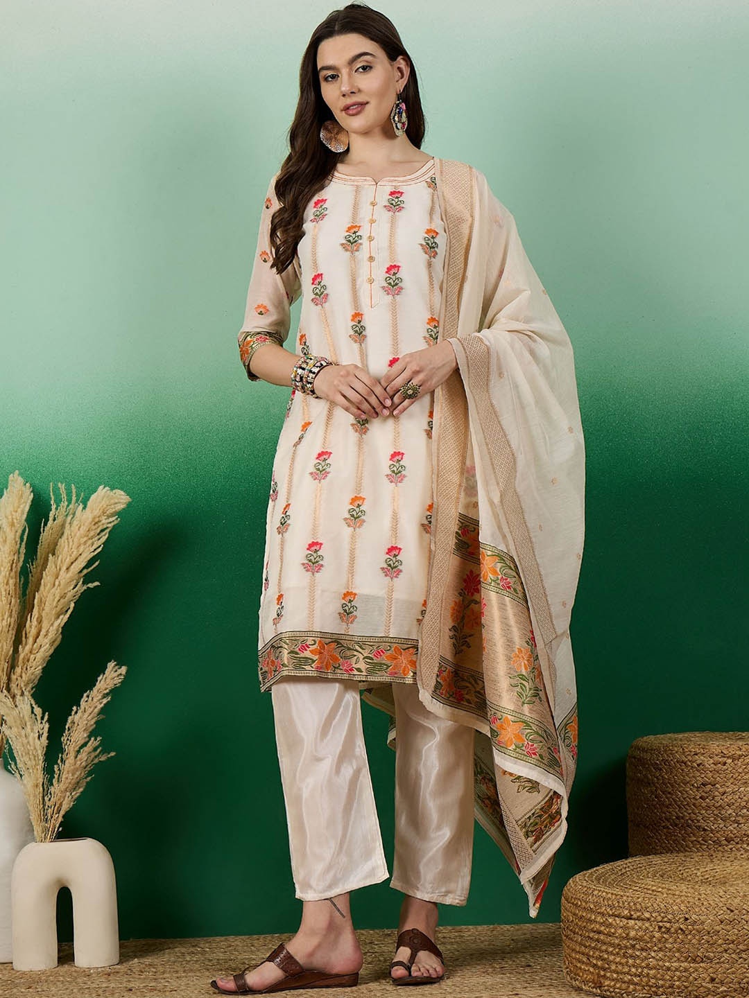 

SERONA FABRICS Notch Neck Chanderi Cotton Straight Kurta & Trousers With Dupatta, Cream