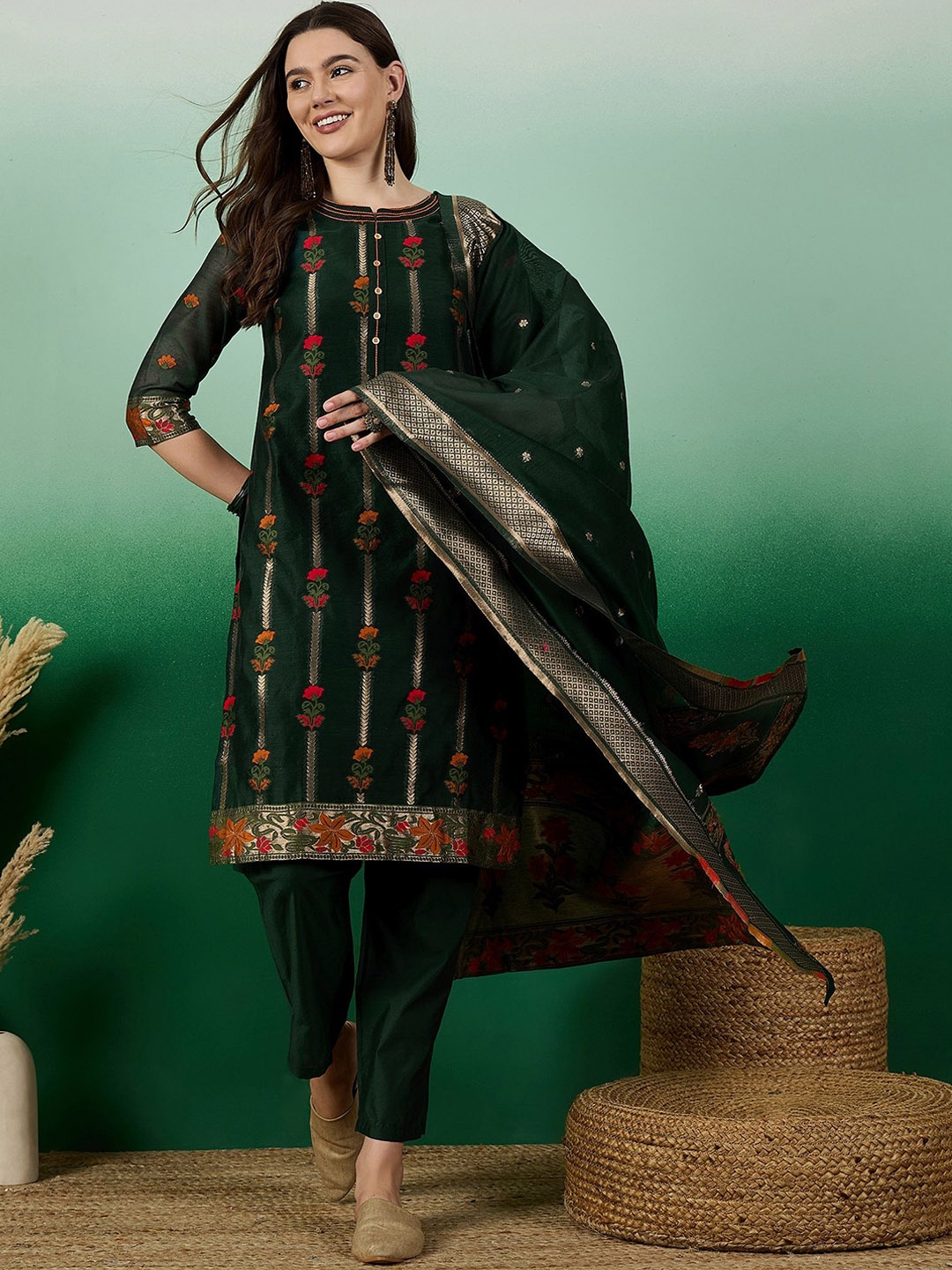 

SERONA FABRICS Floral Woven Design Chanderi Cotton Straight Kurta & Trousers With Dupatta, Green