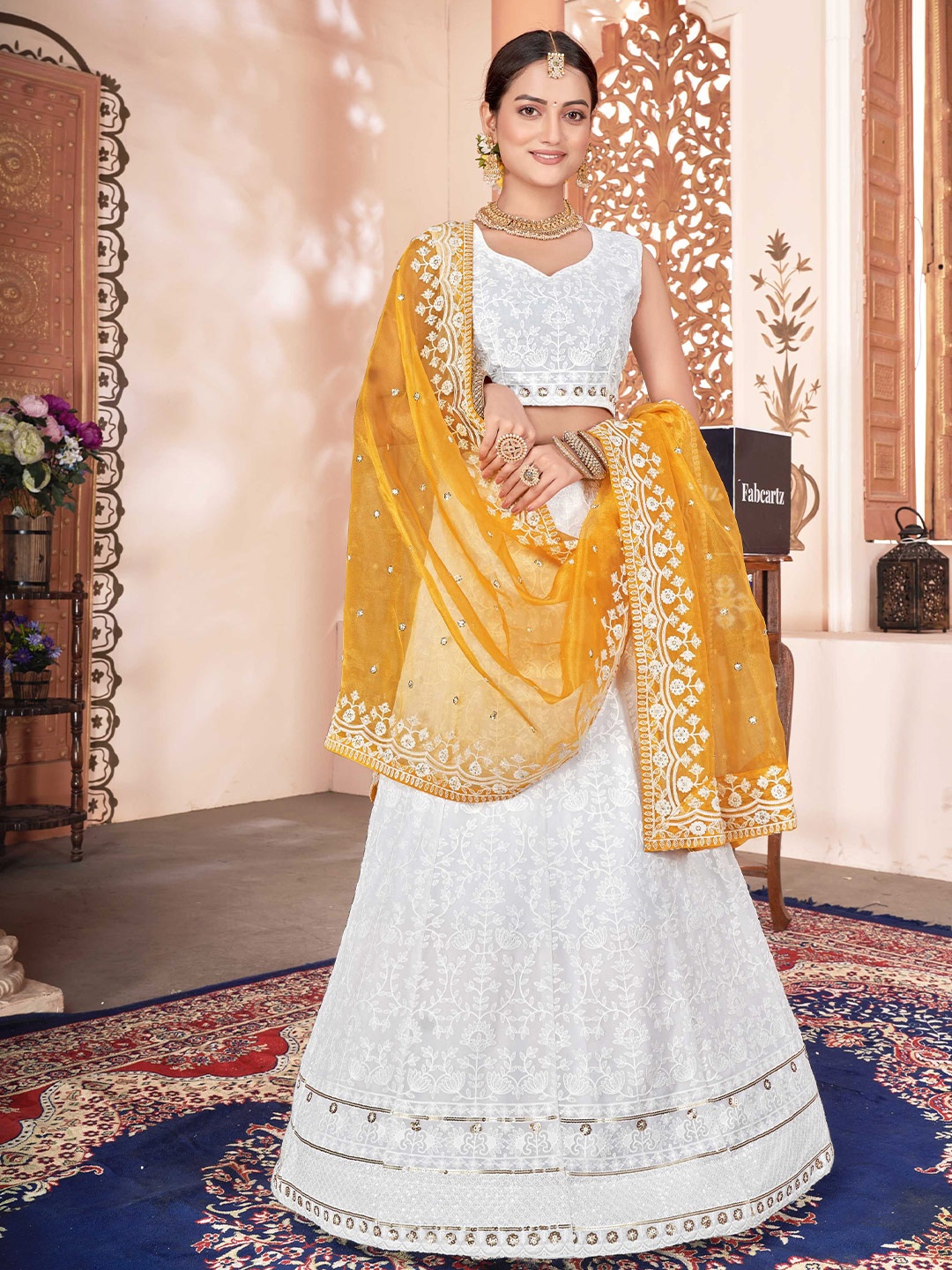 

Fabcartz Embroidered Thread Work Semi-Stitched Lehenga & Unstitched Blouse With Dupatta, White