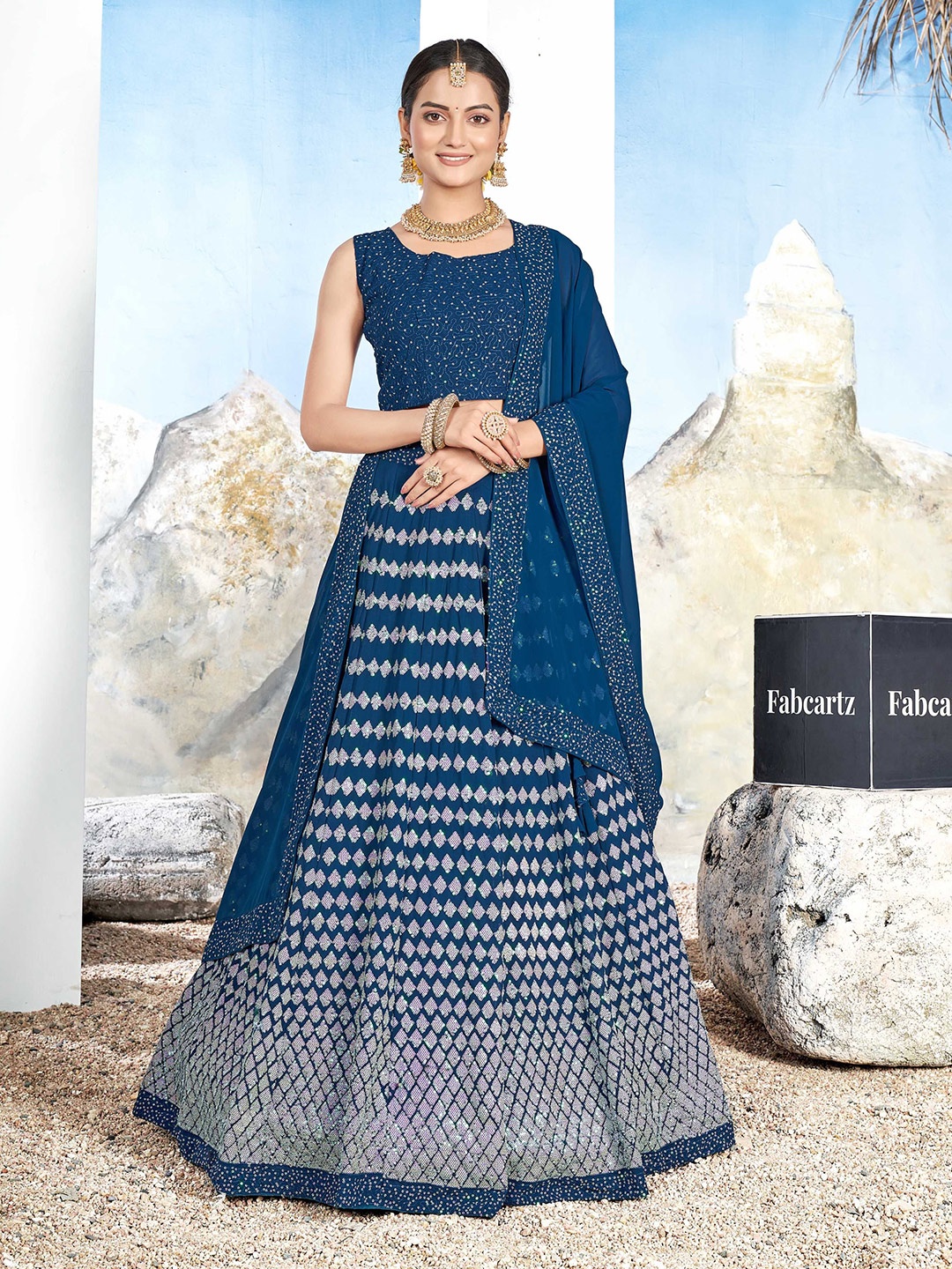 

Fabcartz Embellished Silk Georgette Semi-Stitched Lehenga & Blouse With Dupatta, Blue