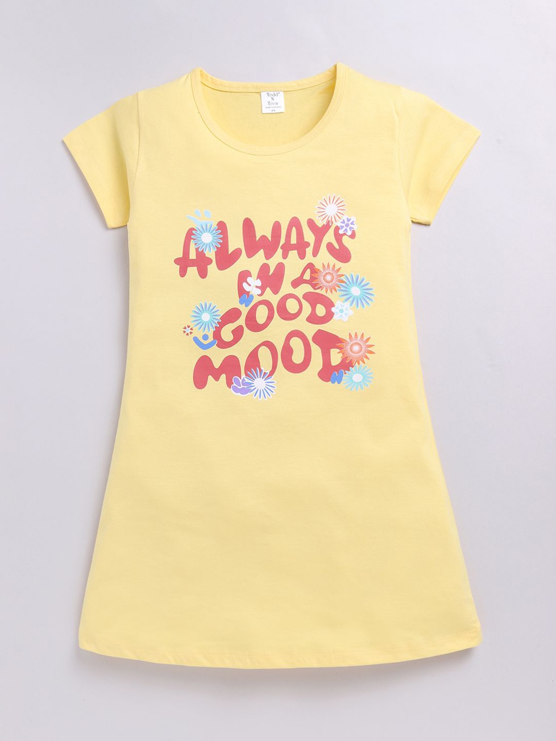 

Todd N Teen Girls Typography Printed Pure Cotton T-shirt Nightdress, Yellow