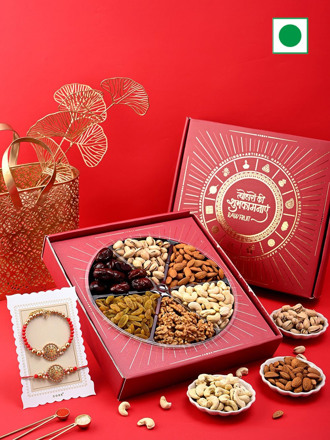 

RawFruit Bhaiya Bhabhi Rakhi & DryFruits Gift Pack, Red