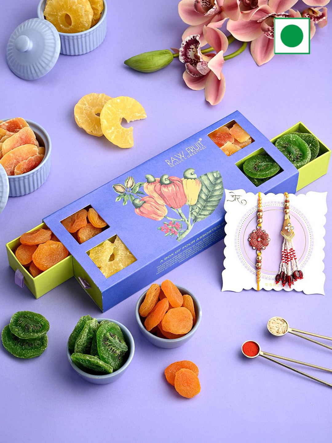 

RawFruit Bhaiya Bhabhi Rakhi & Tropical DryFruits Gift Set, Gold