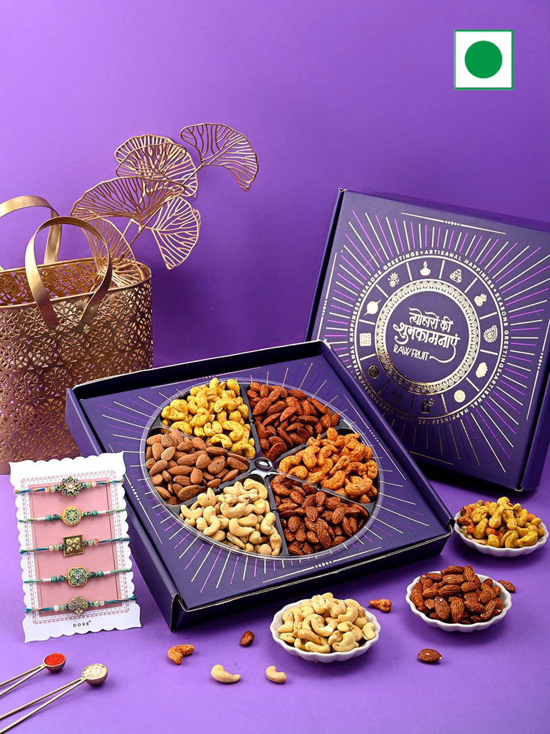 

RawFruit Set of 5 Rakhi & DryFruits Gift Set, Purple
