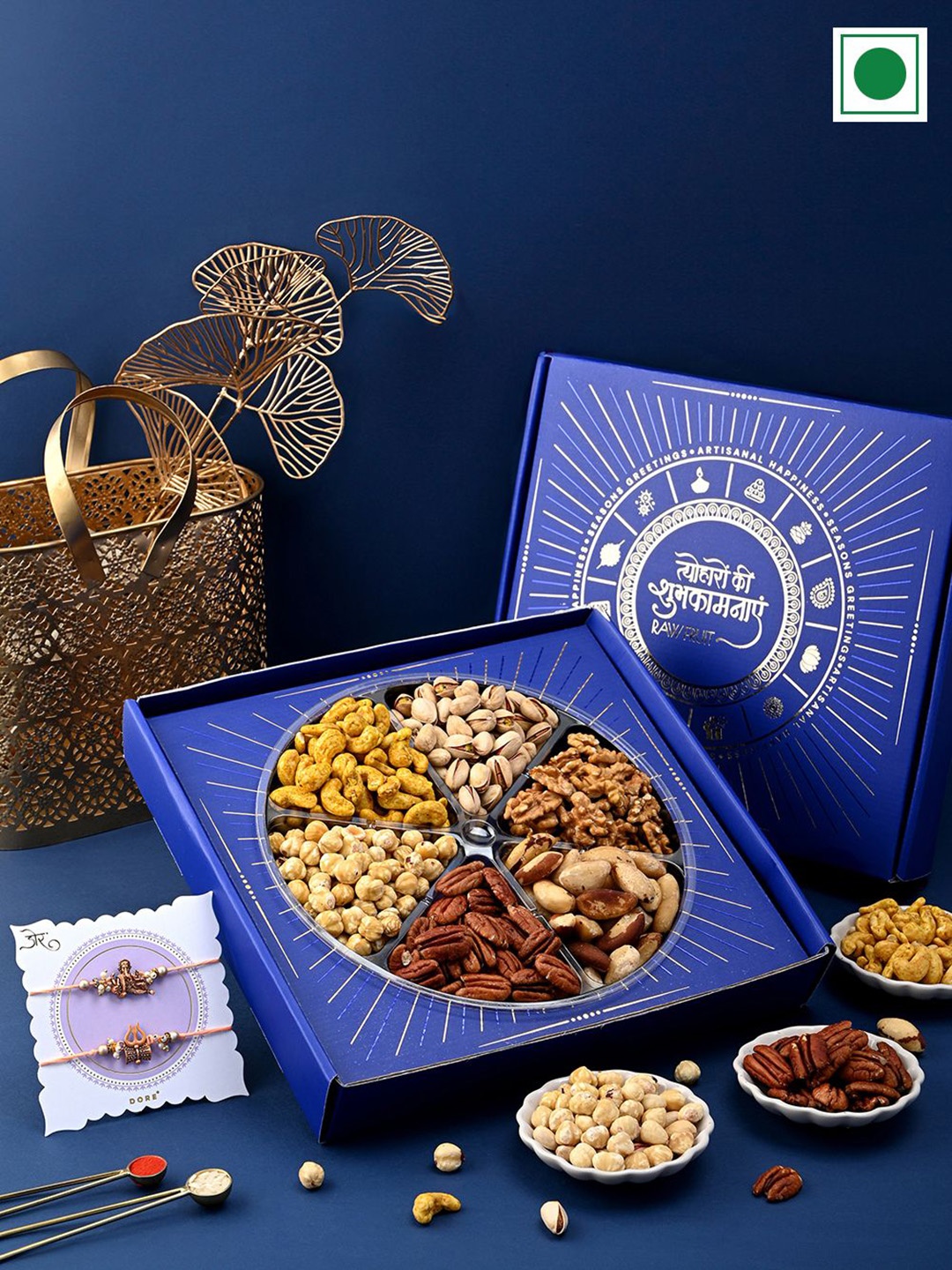 

RawFruit Set Of 2 Rakhi & Seasonal Nut & Fruit Box, Blue