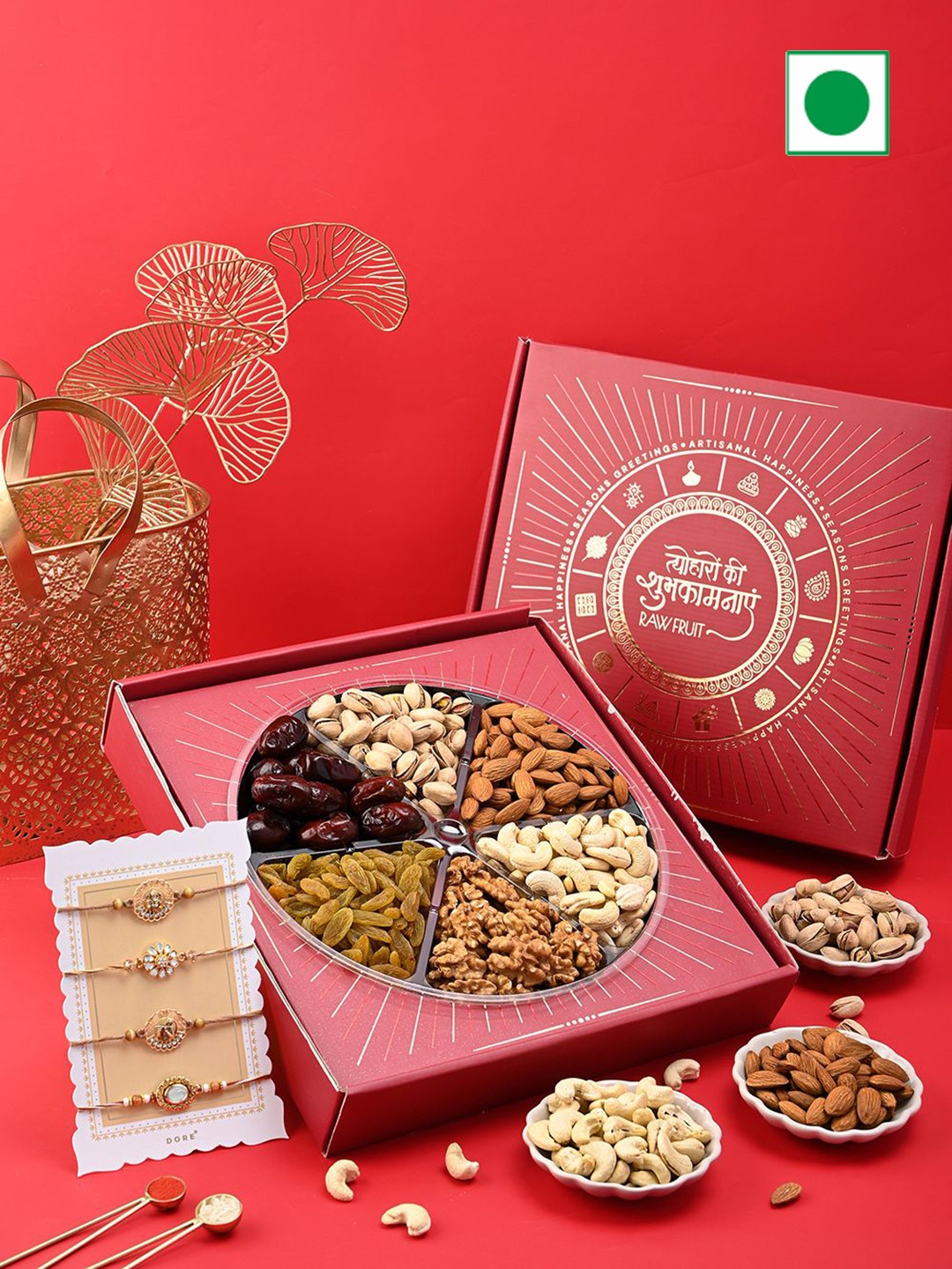 

RawFruit Set of 4 Rakhi & DryFruits Gift Pack, Red