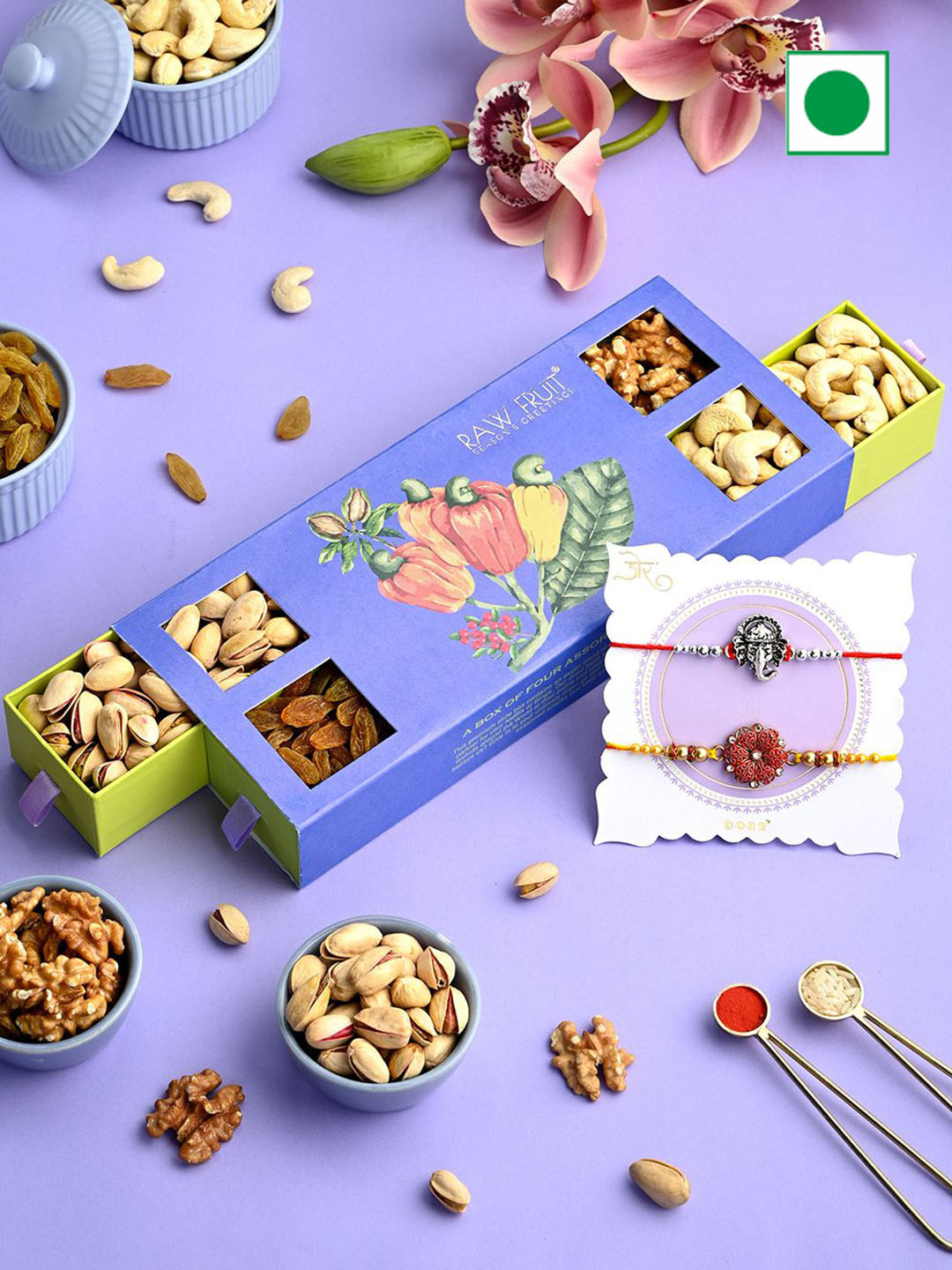 

RawFruit Set of 2 Rakhi & DryFruits & Nuts Gift Hamper, Purple