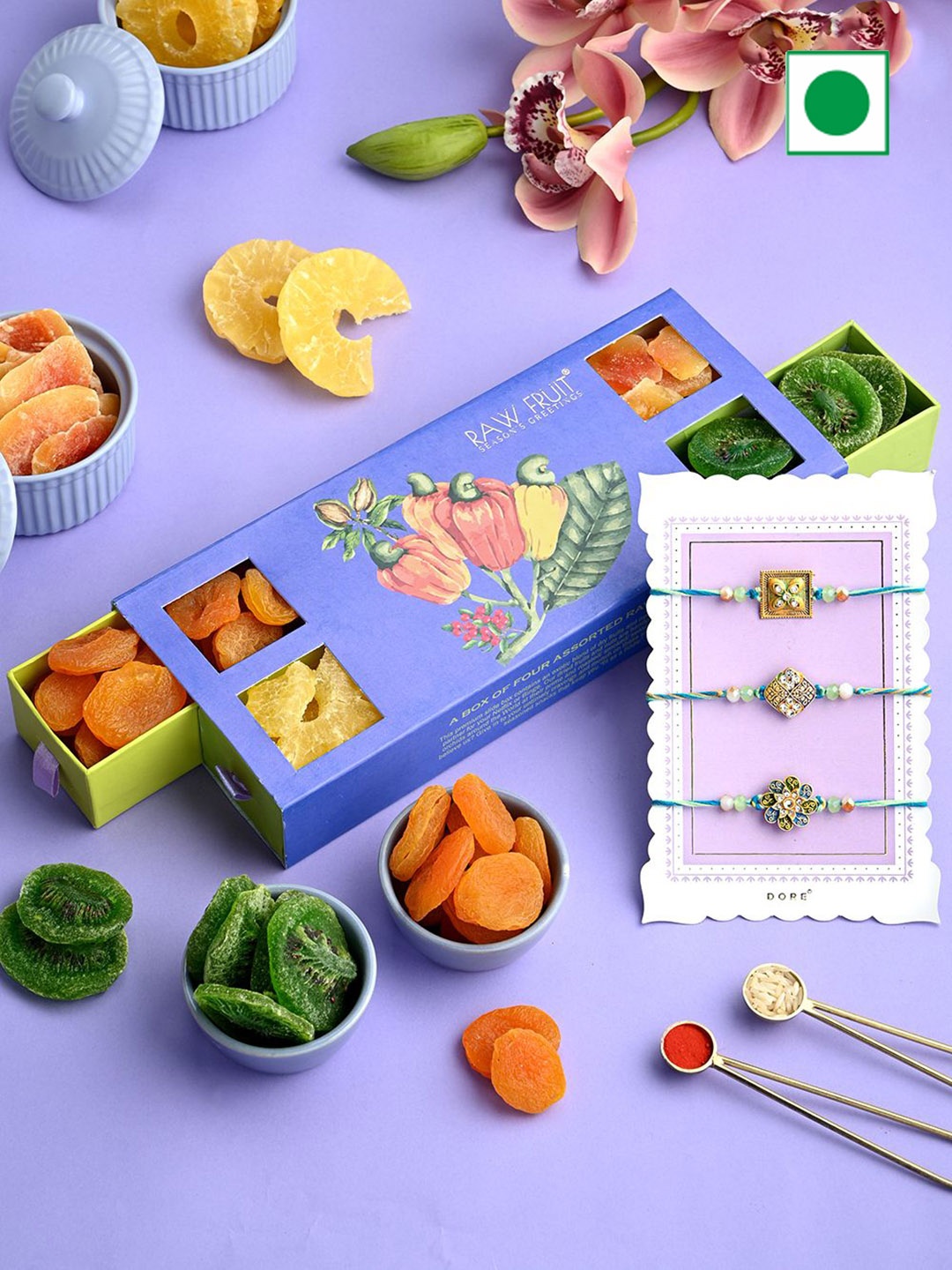 

RawFruit Set of 3 Rakhi & Tropical DryFruits Gift Set, Blue