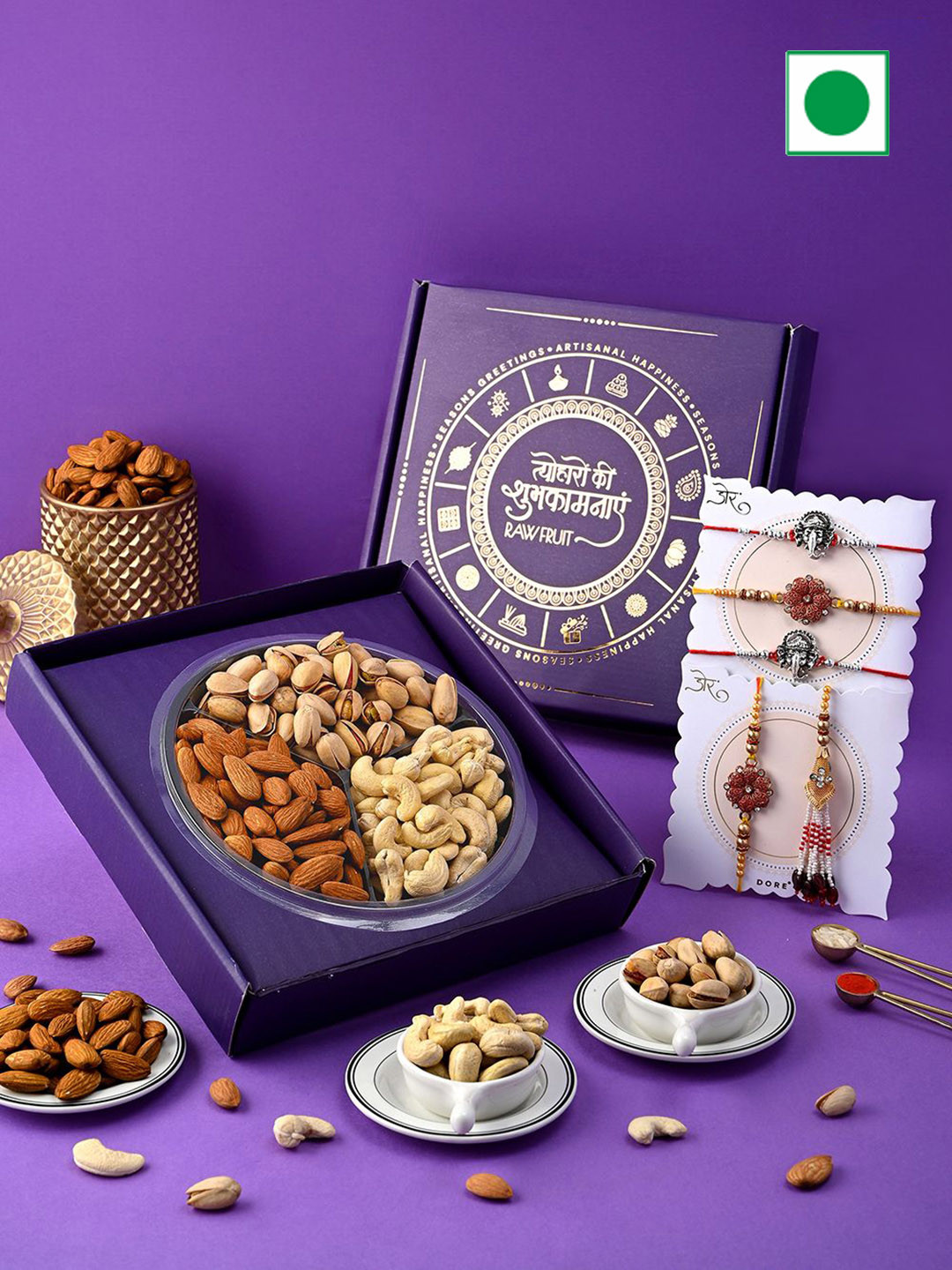 

RawFruit Set of 5 Rakhi & Nut & Fruits Box, Purple