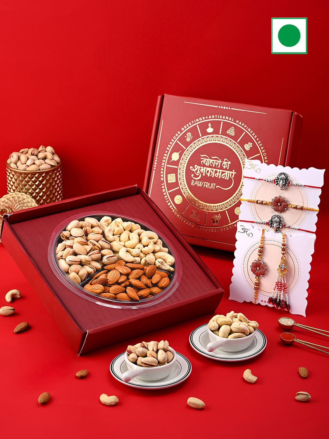 

RawFruit Set of 5 Rakhi & DryFruits Gift Set, Red