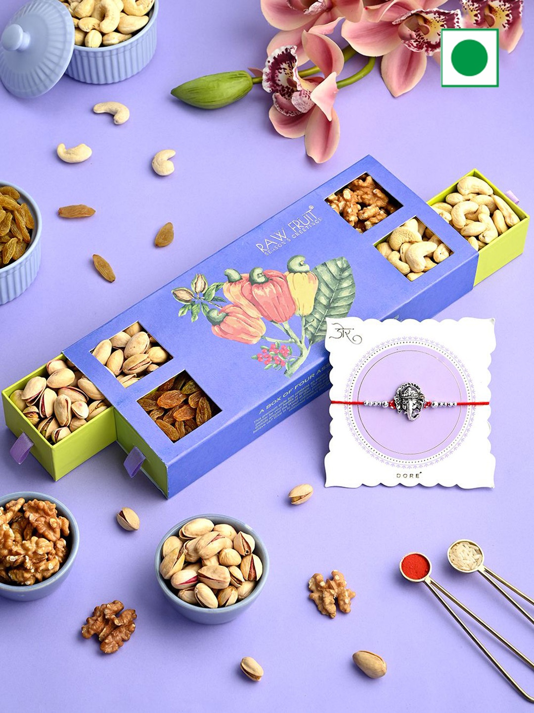 RawFruit Set of 1 Rakhi & Dryfruits & Nuts Gift Hamper, Red