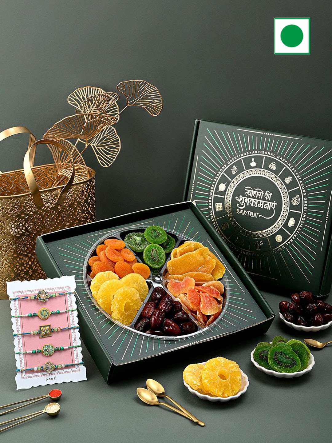 

RawFruit Set Of 5 Rakhi & Happiness Nut Pack, Green