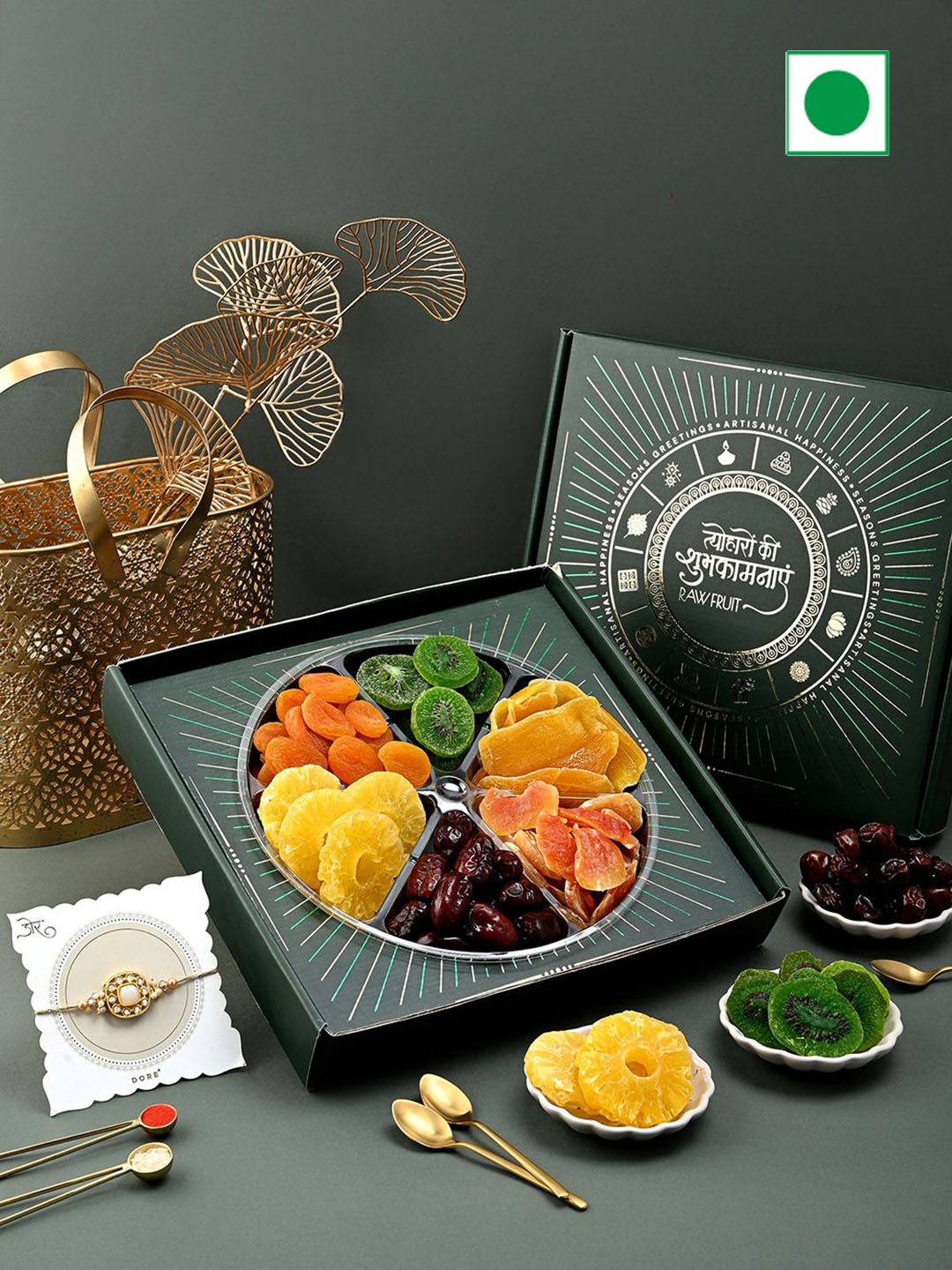 

RawFruit Set Of 1 Rakhi & Happiness Nut Pack, Green