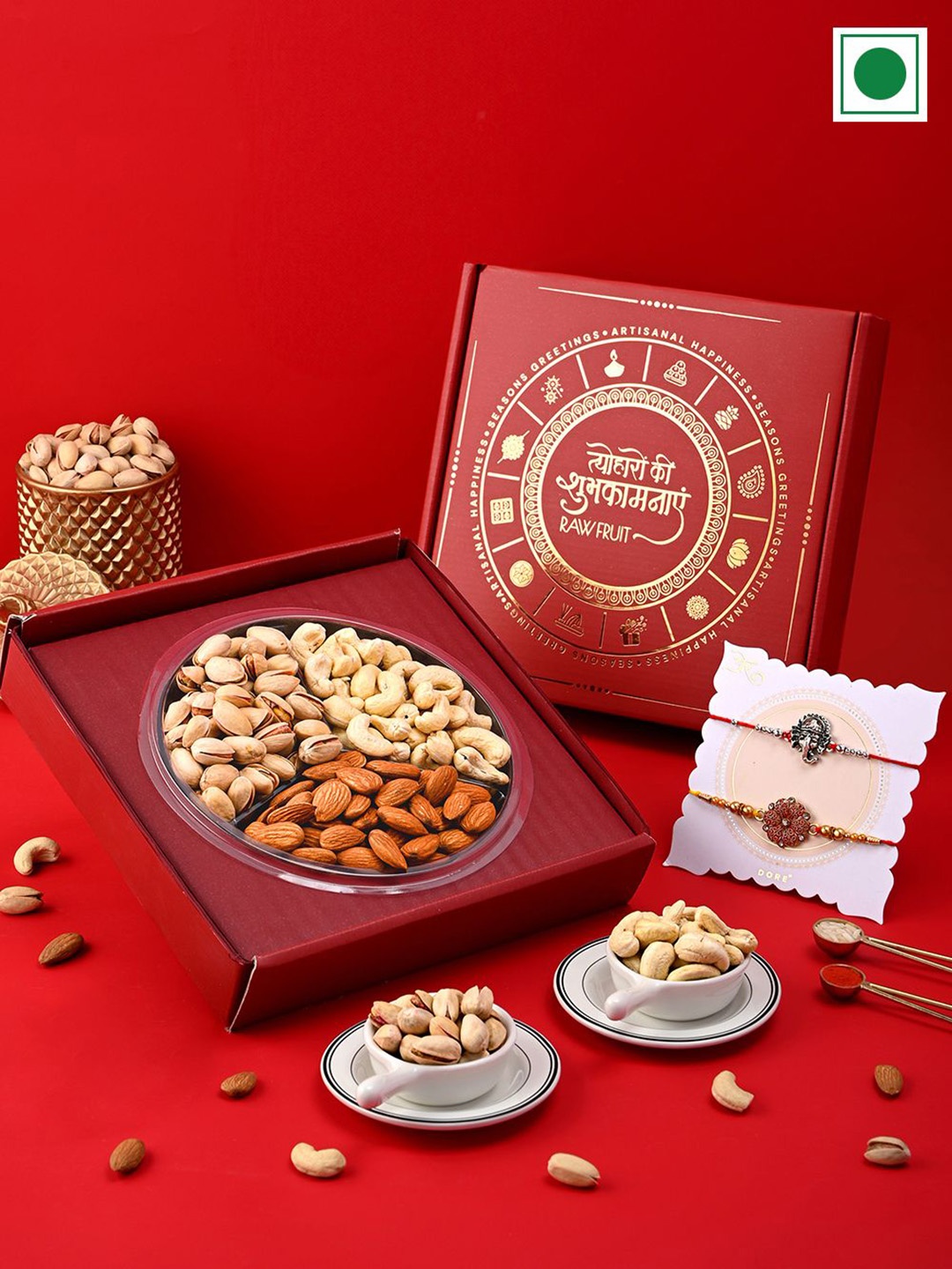 

RawFruit Set of 2 Rakhi & DryFruits Gift Set, Red