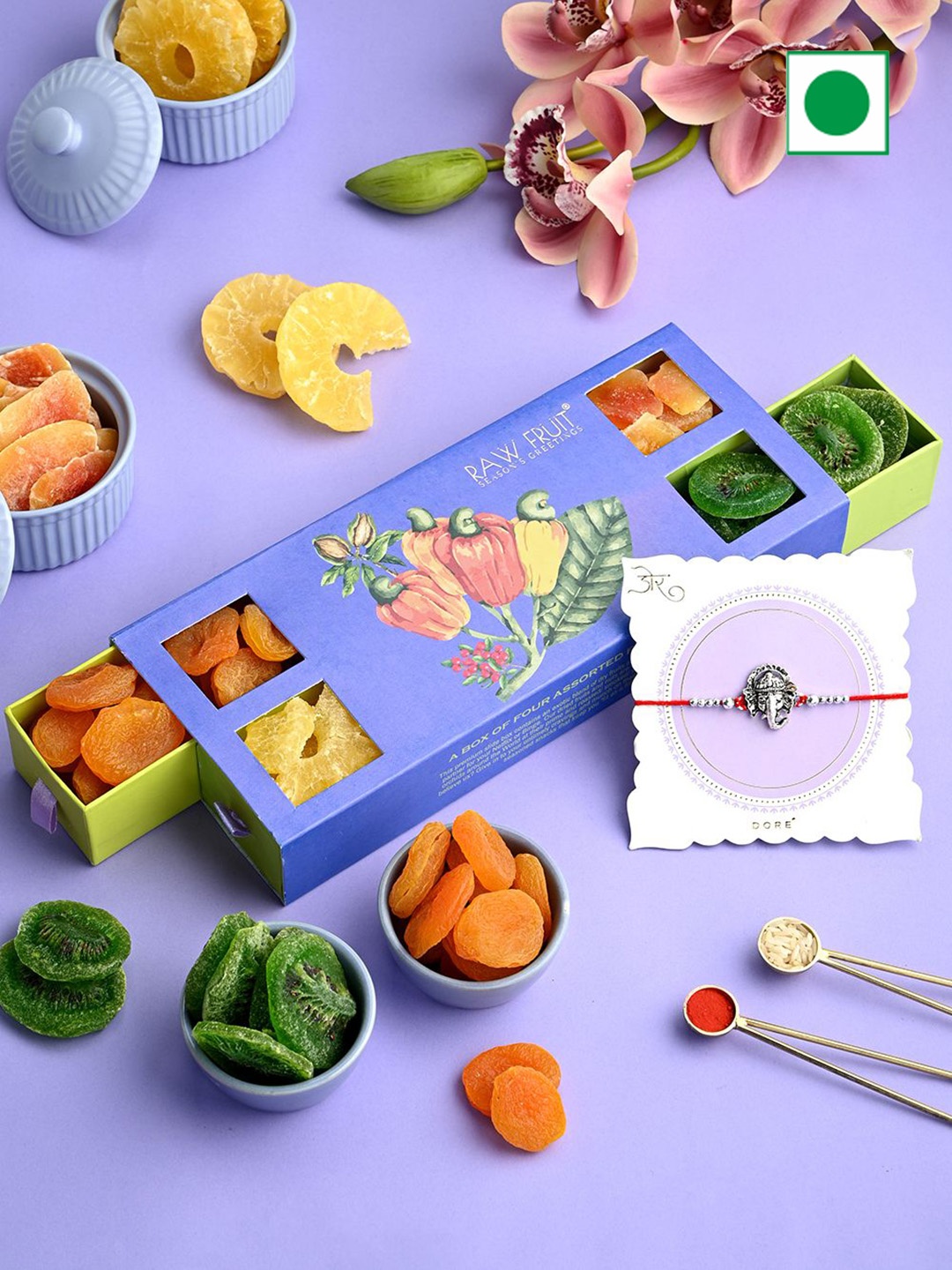 

RawFruit Set of 1 Rakhi & Tropical DryFruits Gift Set, Purple