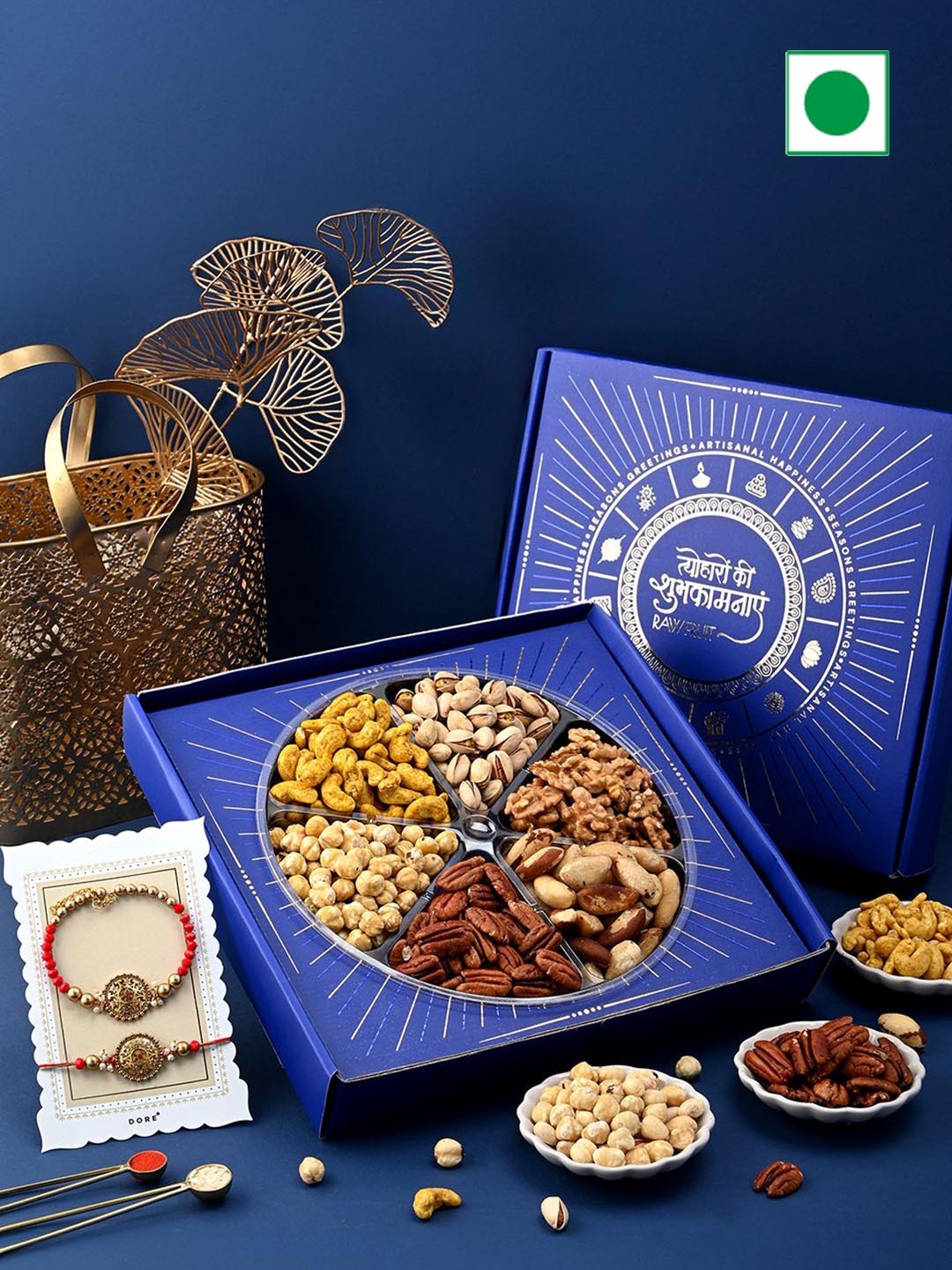 

RawFruit Bhaiya Bhabhi Rakhi & Seasonal Nut & Fruit Box, Blue