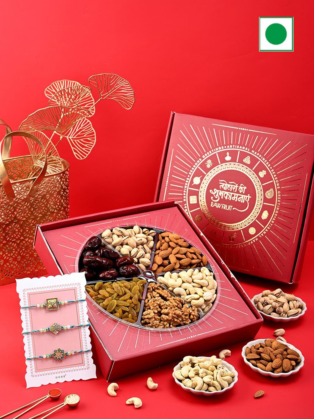 

RawFruit Set of 3 Rakhi & DryFruits Gift Pack, Red