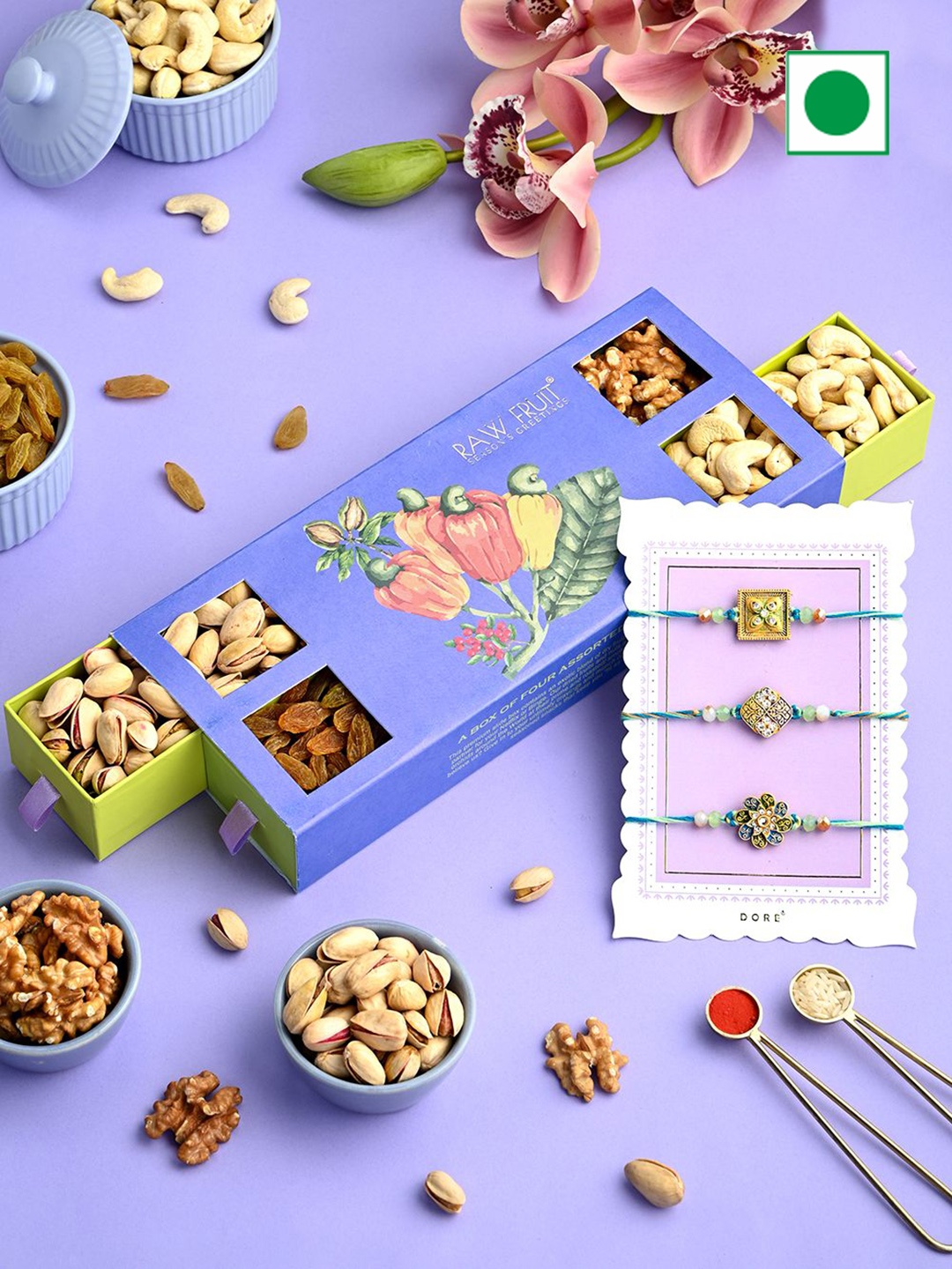 RawFruit Set of 3 Rakhi & DryFruits & Nuts Gift Hamper, Purple