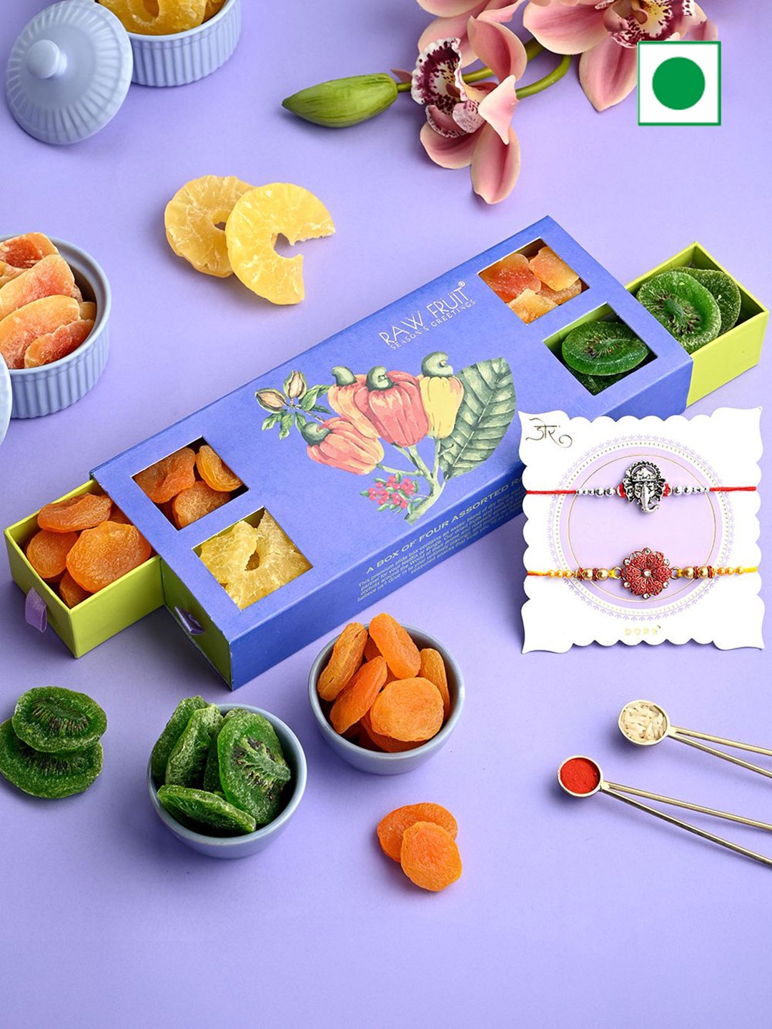 

RawFruit Set of 2 Rakhi & Tropical DryFruits Gift Set, Purple