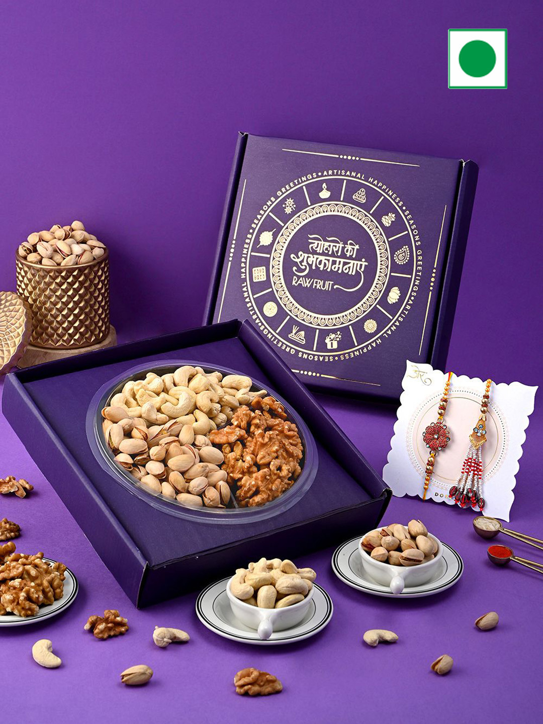 

RawFruit Bhaiya Bhabhi Rakhi & DryFruits Gift Hamper, Purple