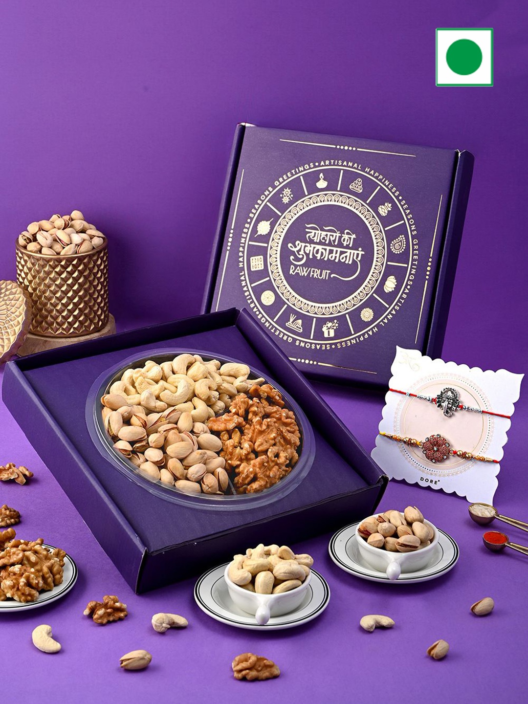

RawFruit Set of 2 Rakhi & DryFruits Gift Hamper, Purple
