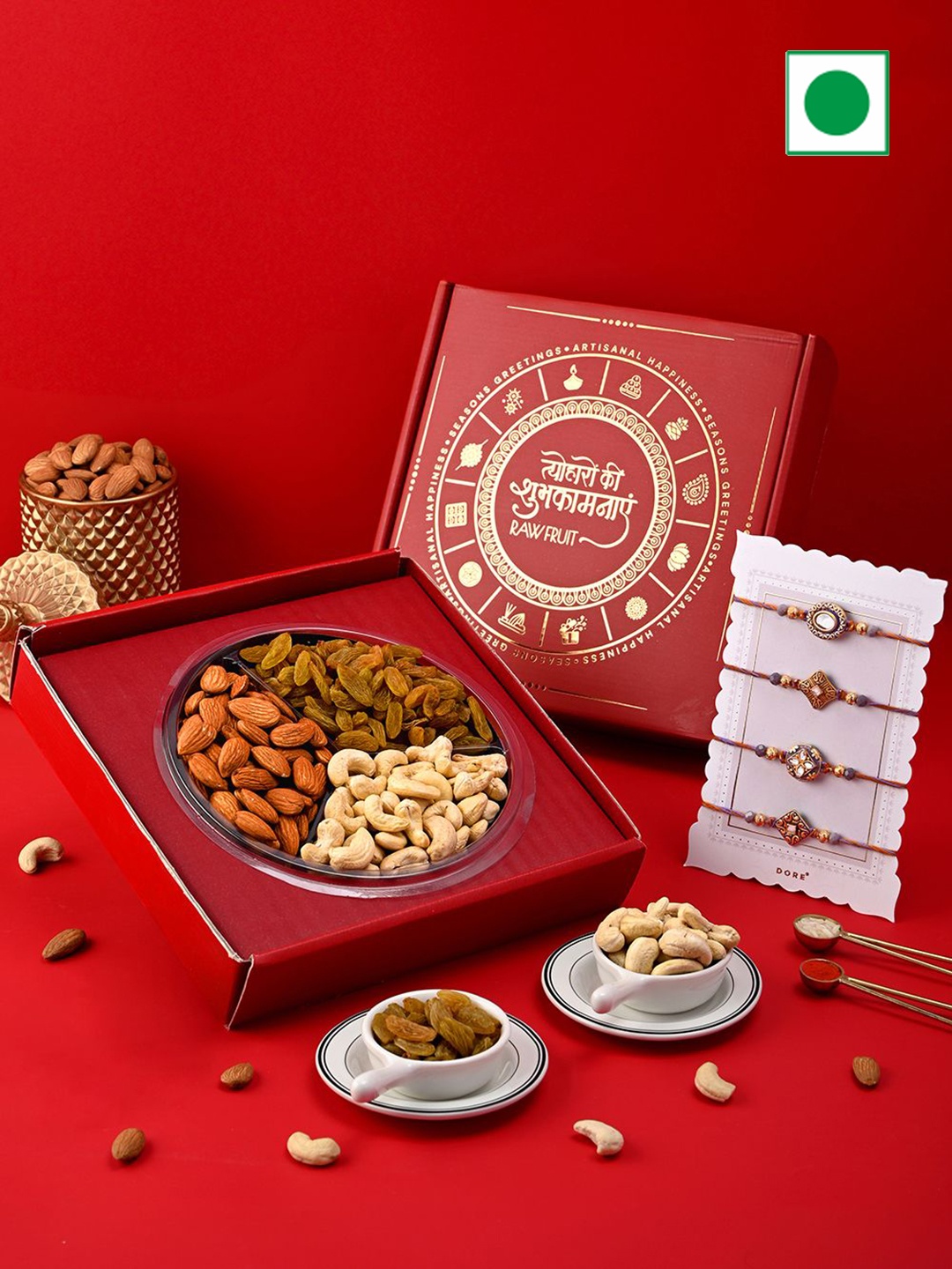 

RawFruit Set of 4 Rakhi & DryFruits Gift Hamper, Blue
