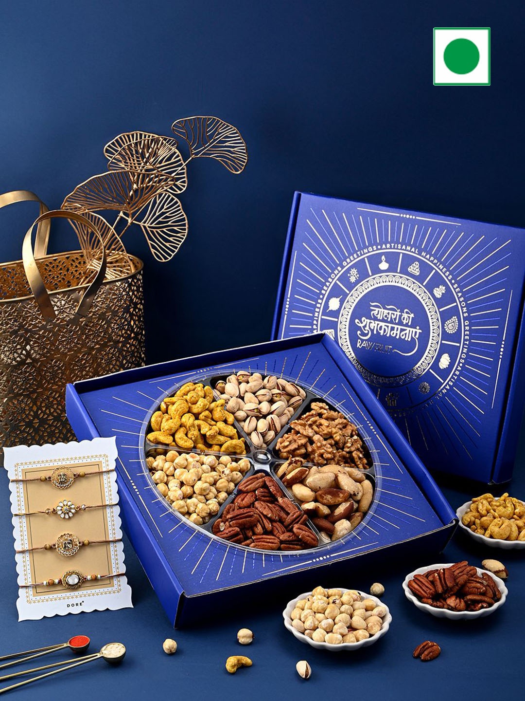 

RawFruit Set Of 4 Rakhi & Seasonal Nut & Fruit Box, Blue