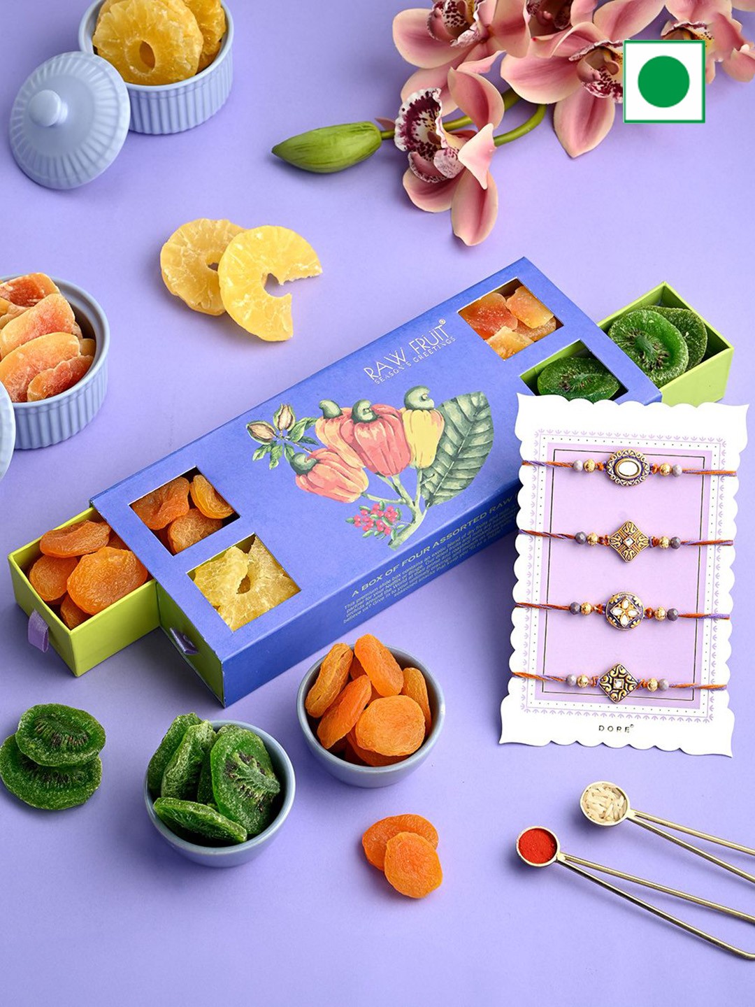 

RawFruit Set of 4 Rakhi & Tropical DryFruits Gift Set, Purple