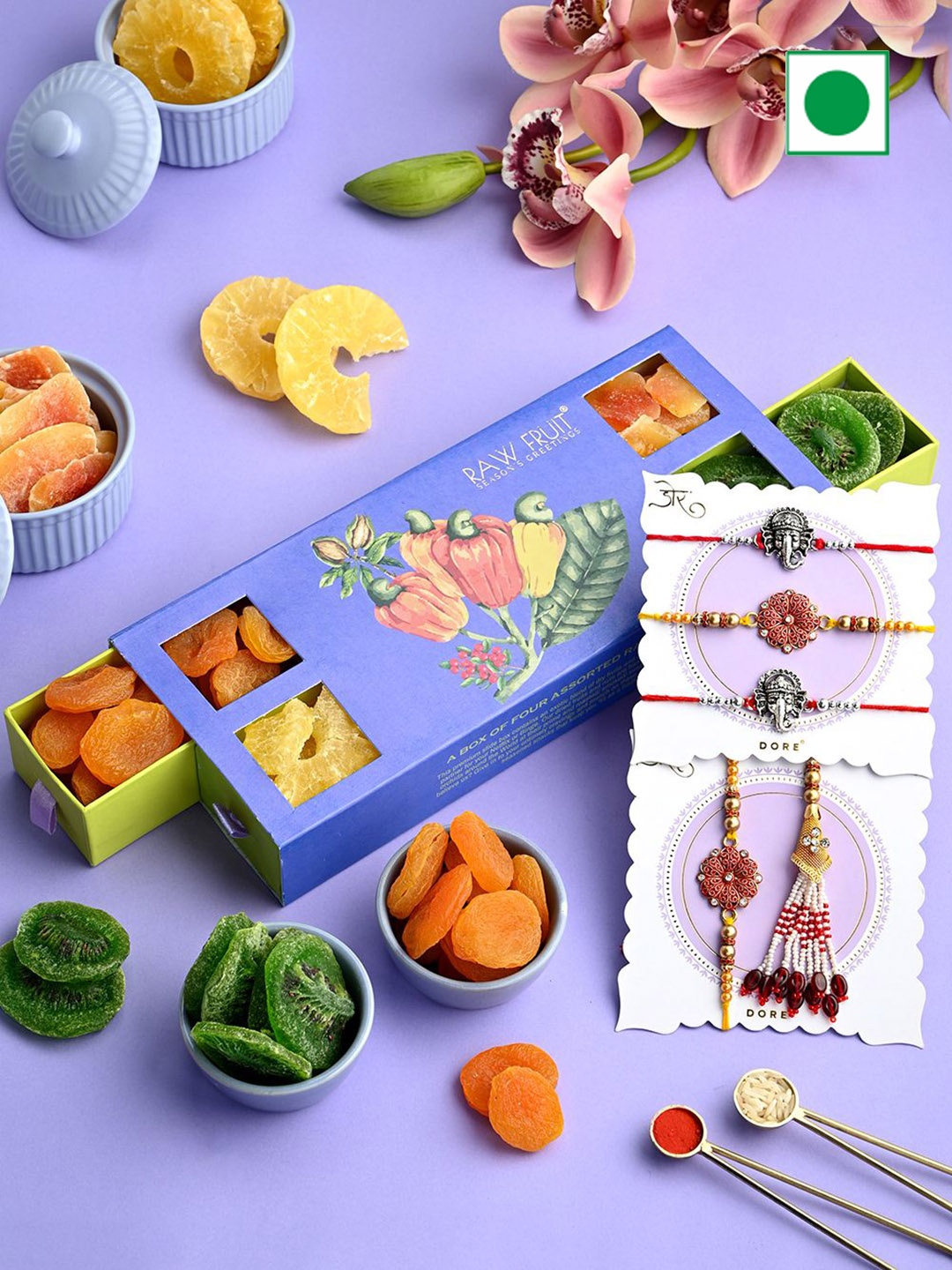 RawFruit Set of 5 Rakhi & Tropical DryFruits Gift Set, Purple