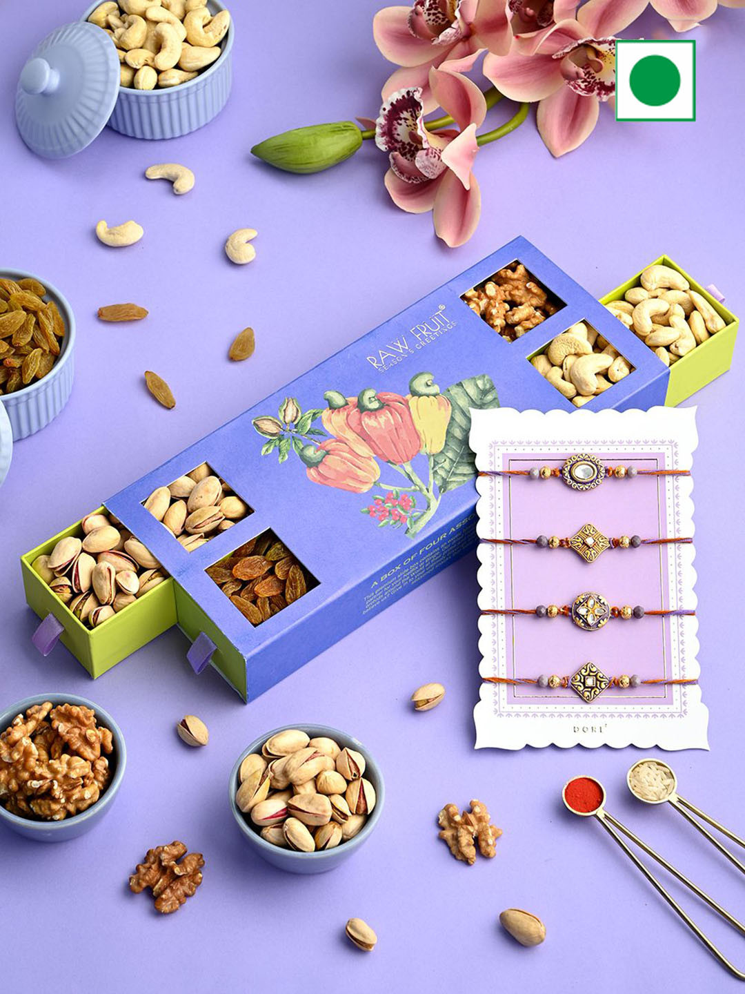 

RawFruit Set of 4 Rakhi & DryFruits & Nuts Gift Hamper, Purple