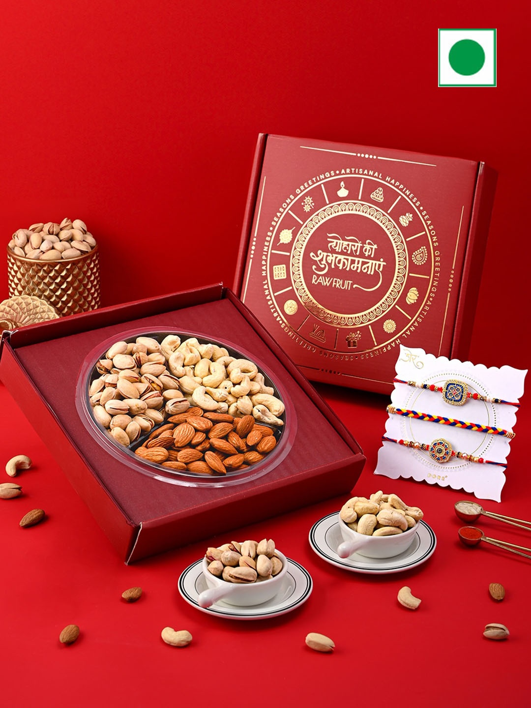 

RawFruit Set of 3 Rakhi & DryFruits Gift Set, Red