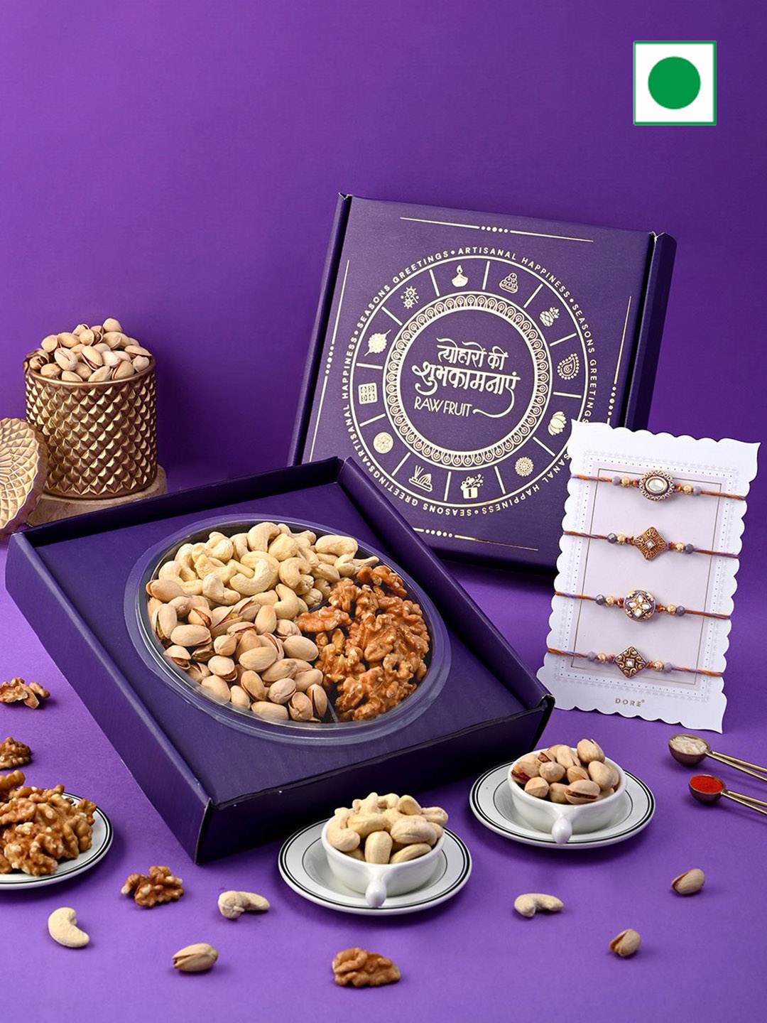 

RawFruit Set of 4 Rakhi & DryFruits Gift Hamper, Purple