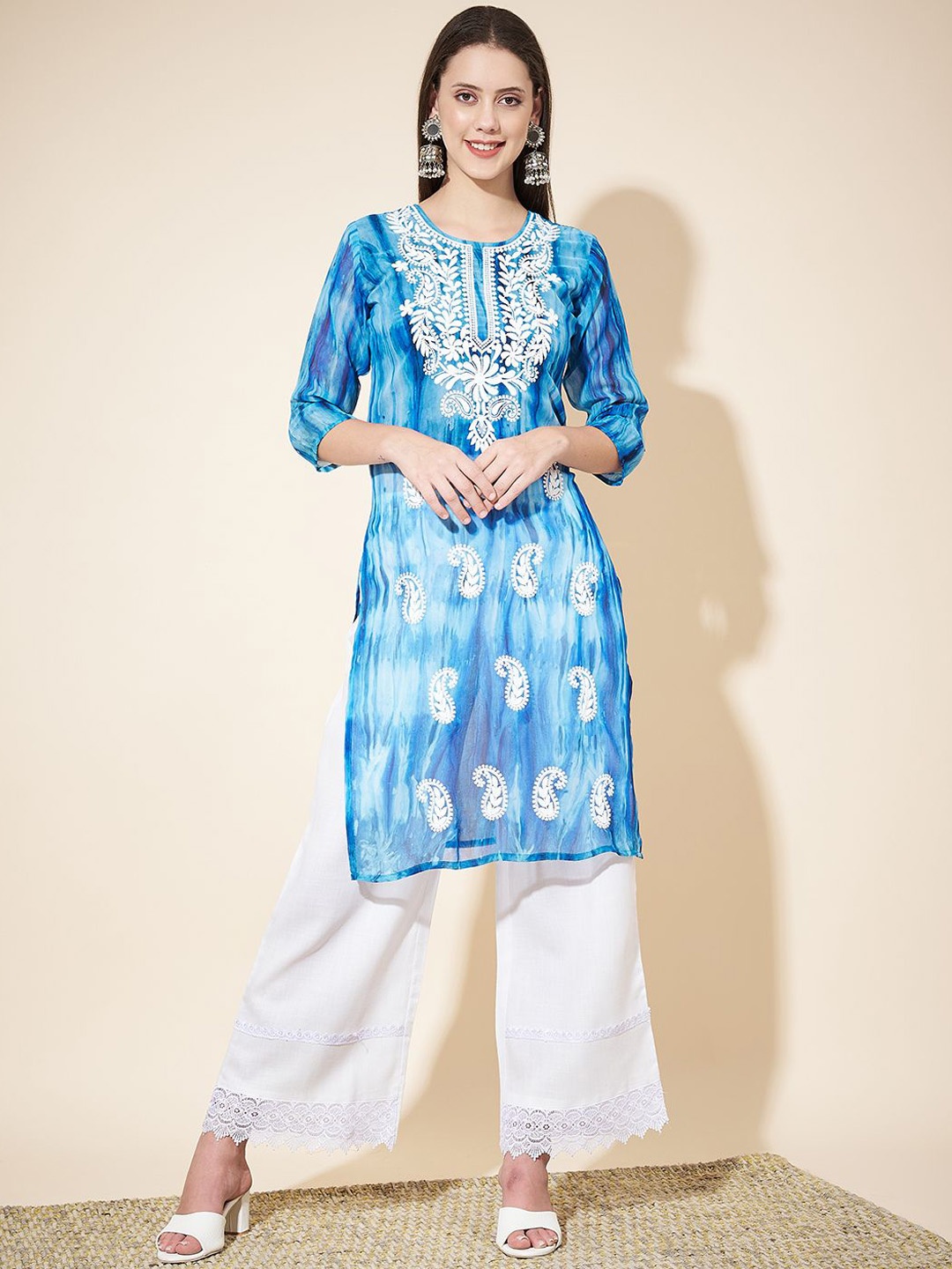 

KALINI Printed Round Neck Thread Work Georgette Kurta, Blue