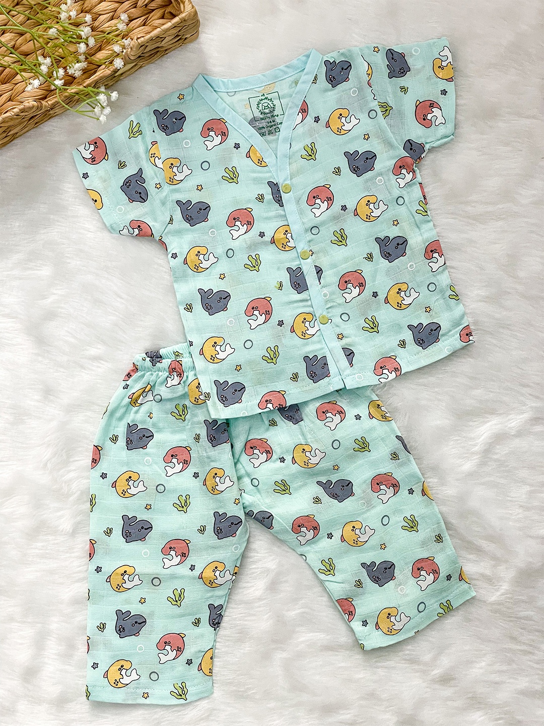 

A Toddler Thing Kids Animal Printed Organic Cotton Night suit, Blue