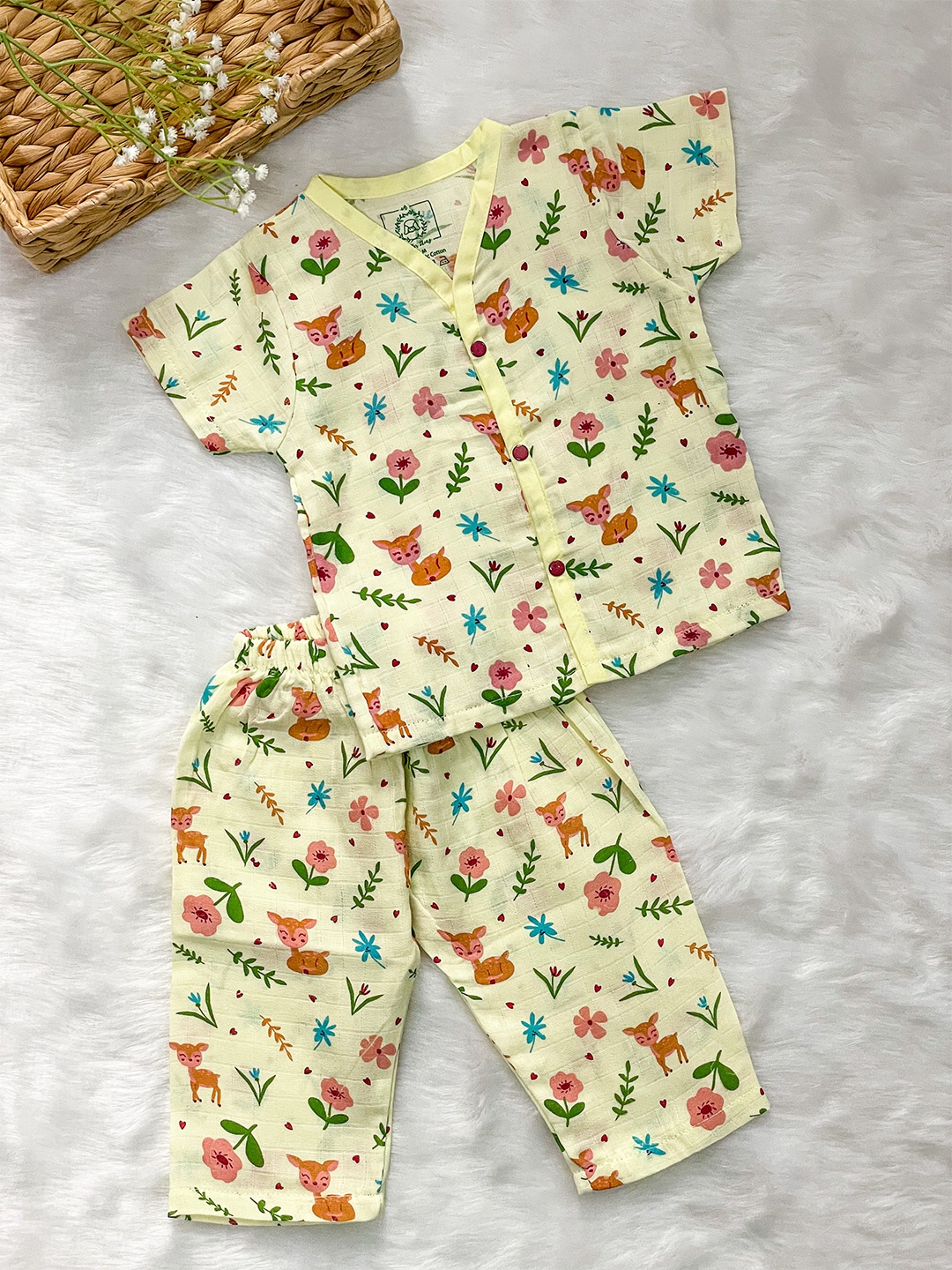 

A Toddler Thing Kids Floral Printed Organic Cotton Night suit, Yellow