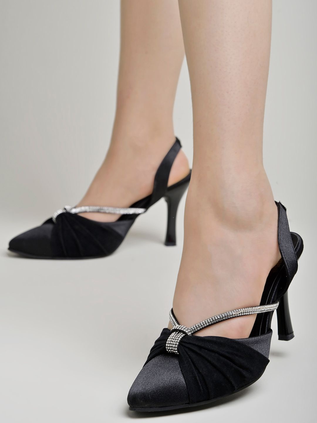 

Shoetopia Embellished Pointed Toe Slim Pumps Heels With Bows, Black