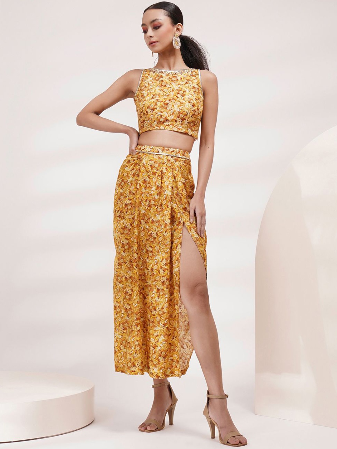 

Breathe by Aakanksha Singh Abstract Printed Boat Neck Sequined Detailed Top With Skirt, Mustard