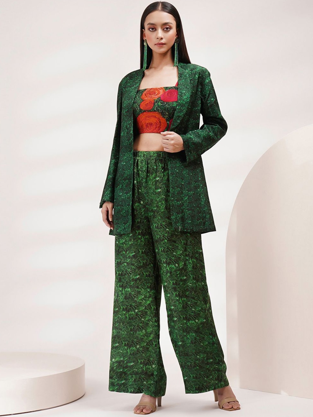 

Breathe by Aakanksha Singh Floral Printed Shoulder Straps Crop Top With Palazzos & Jacket, Green