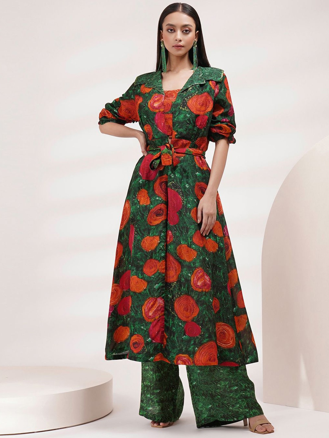 

Breathe by Aakanksha Singh Floral Printed Shoulder Straps Crop Top With Palazzos & Jacket, Green