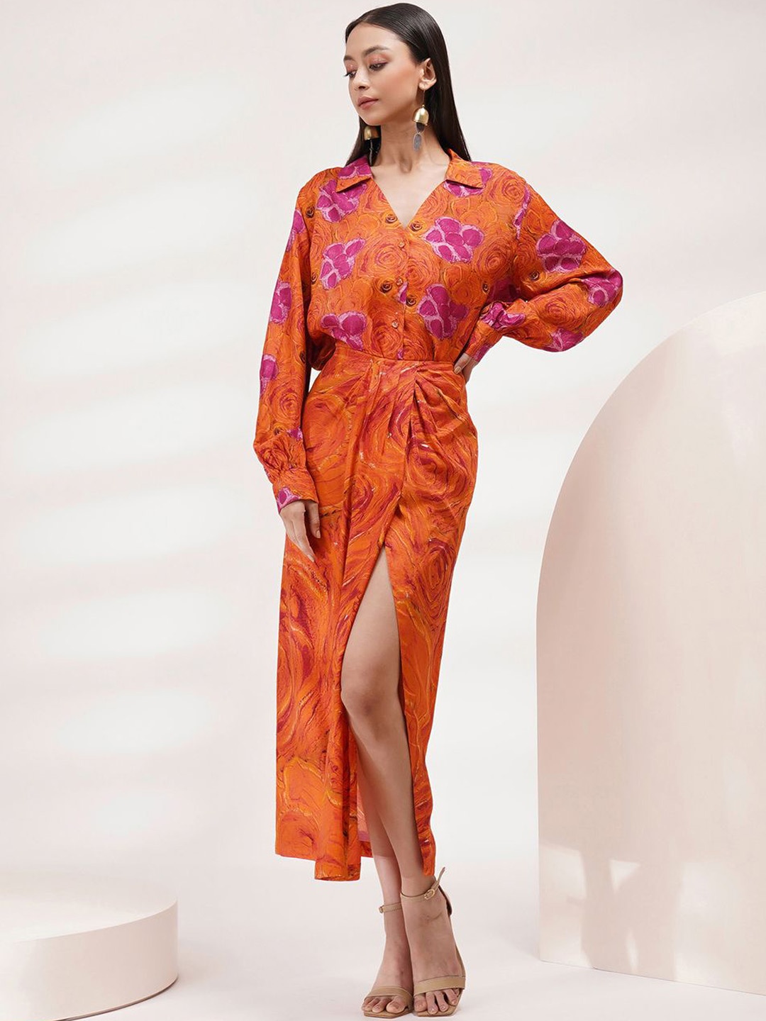 

Breathe by Aakanksha Singh Printed V-Neck Long Sleeves Shirt With Skirt, Orange