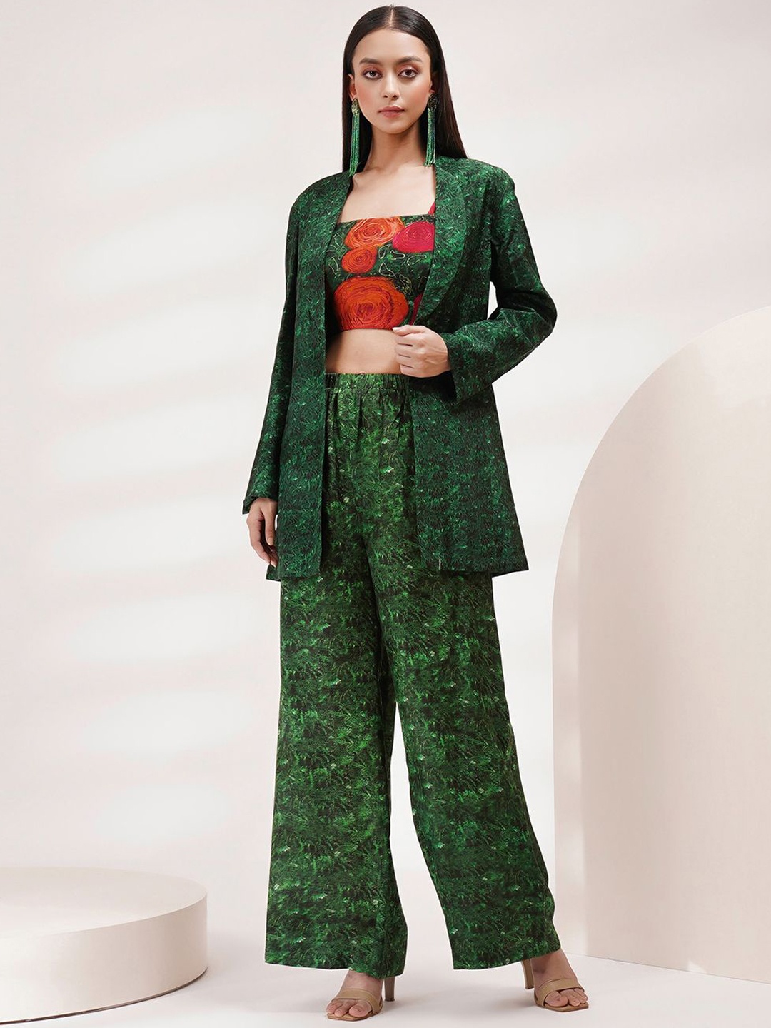 

Breathe by Aakanksha Singh Floral Printed CropTop & Palazzos Long Sleeve Shrug, Green