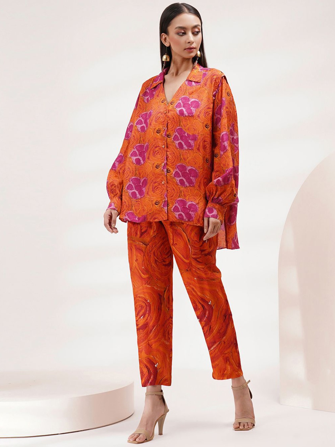 

Breathe by Aakanksha Singh Floral Printed Long Sleeves Shirt With Trouser, Orange