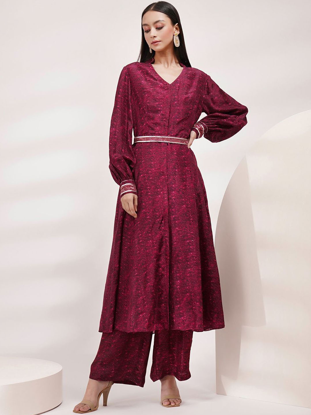 

Breathe by Aakanksha Singh Floral Printed V-Neck Cuffed Sleeves Tunic &Trousers, Maroon