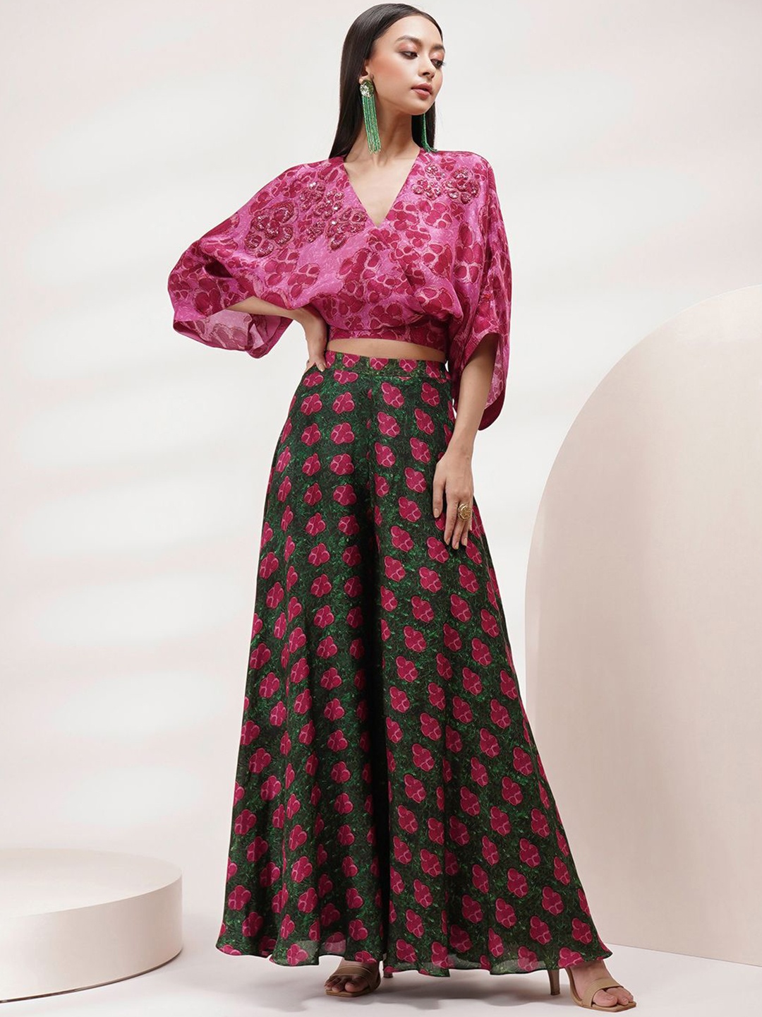 

Breathe by Aakanksha Singh Floral Printed V-Neck Bat Sleeves Top & Palazzos, Pink