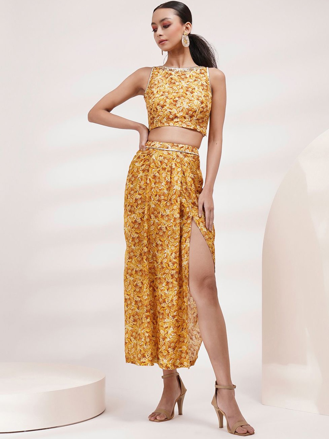 

Breathe by Aakanksha Singh Abstract Printed Boat Neck Sequined Detailed Top With Skirt, Mustard