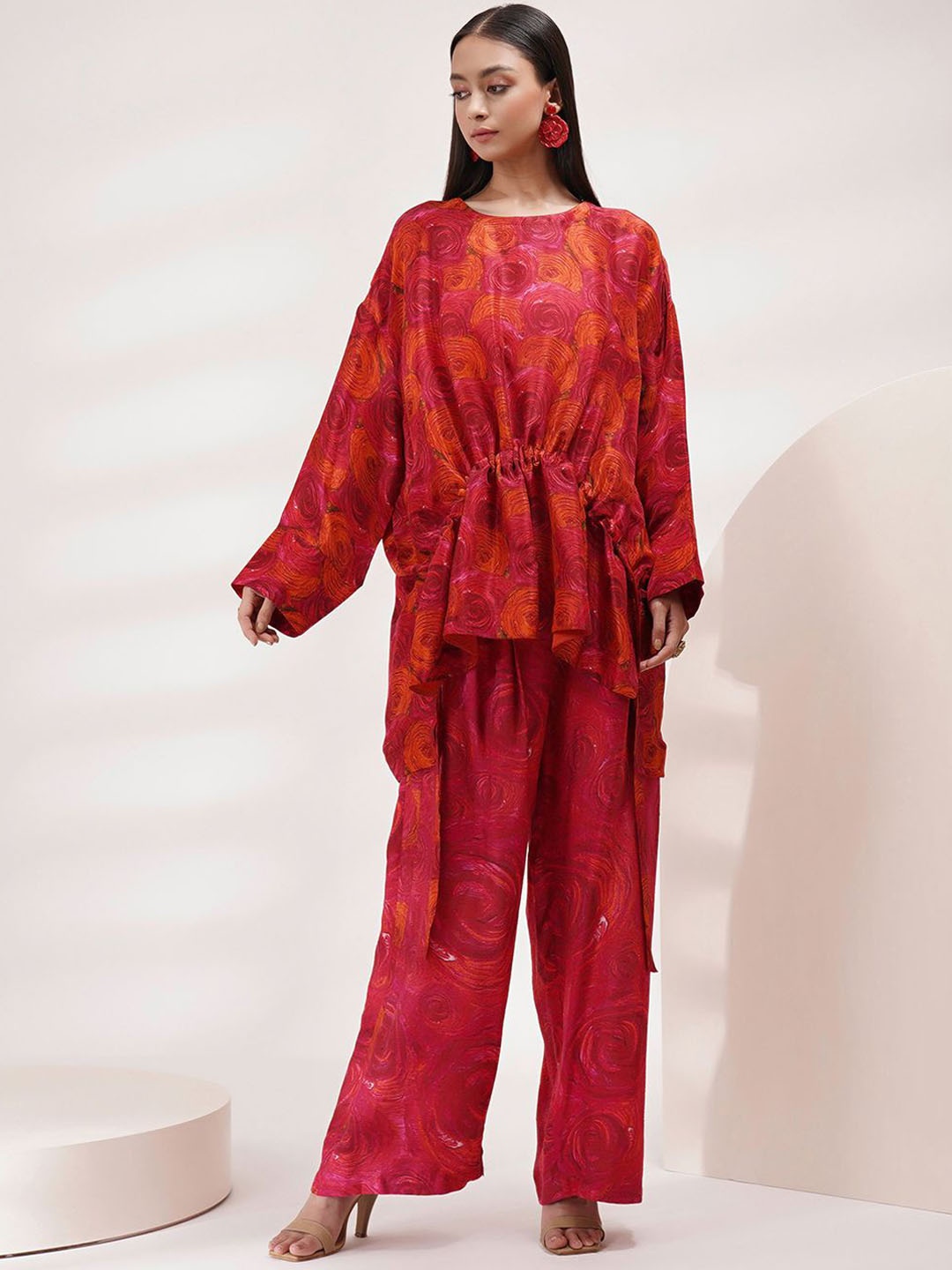 

Breathe by Aakanksha Singh Floral Printed Round Neck Kaftan Top & Trousers, Fuchsia