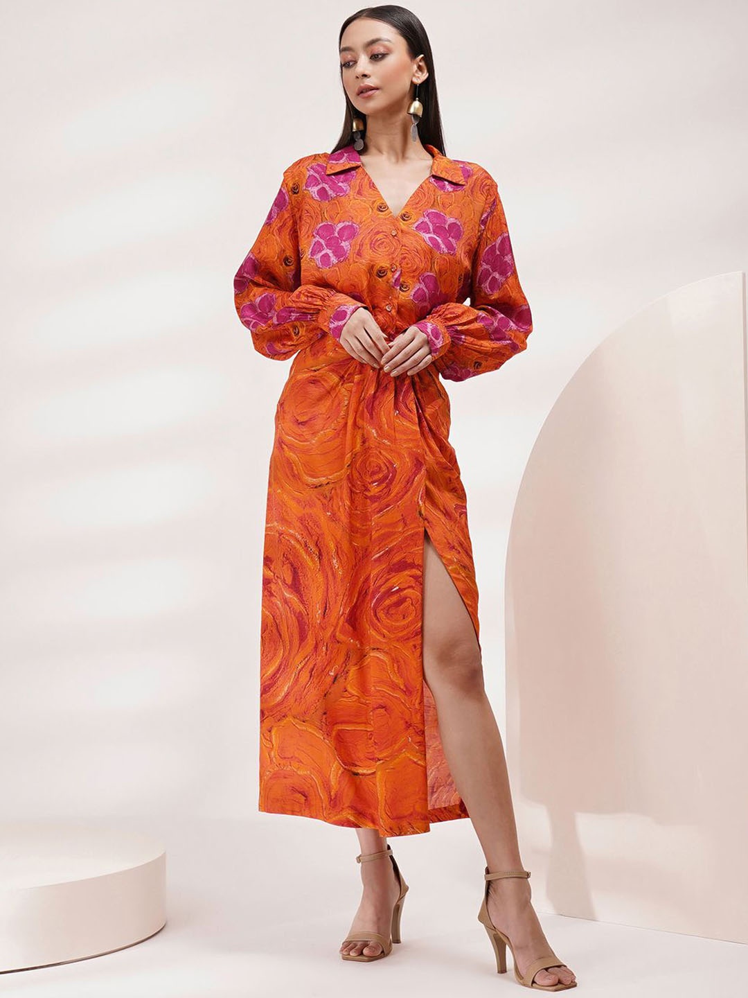 

Breathe by Aakanksha Singh Floral Printed Spraed Collar Cuffed Sleeves Shirt With Skirt, Orange